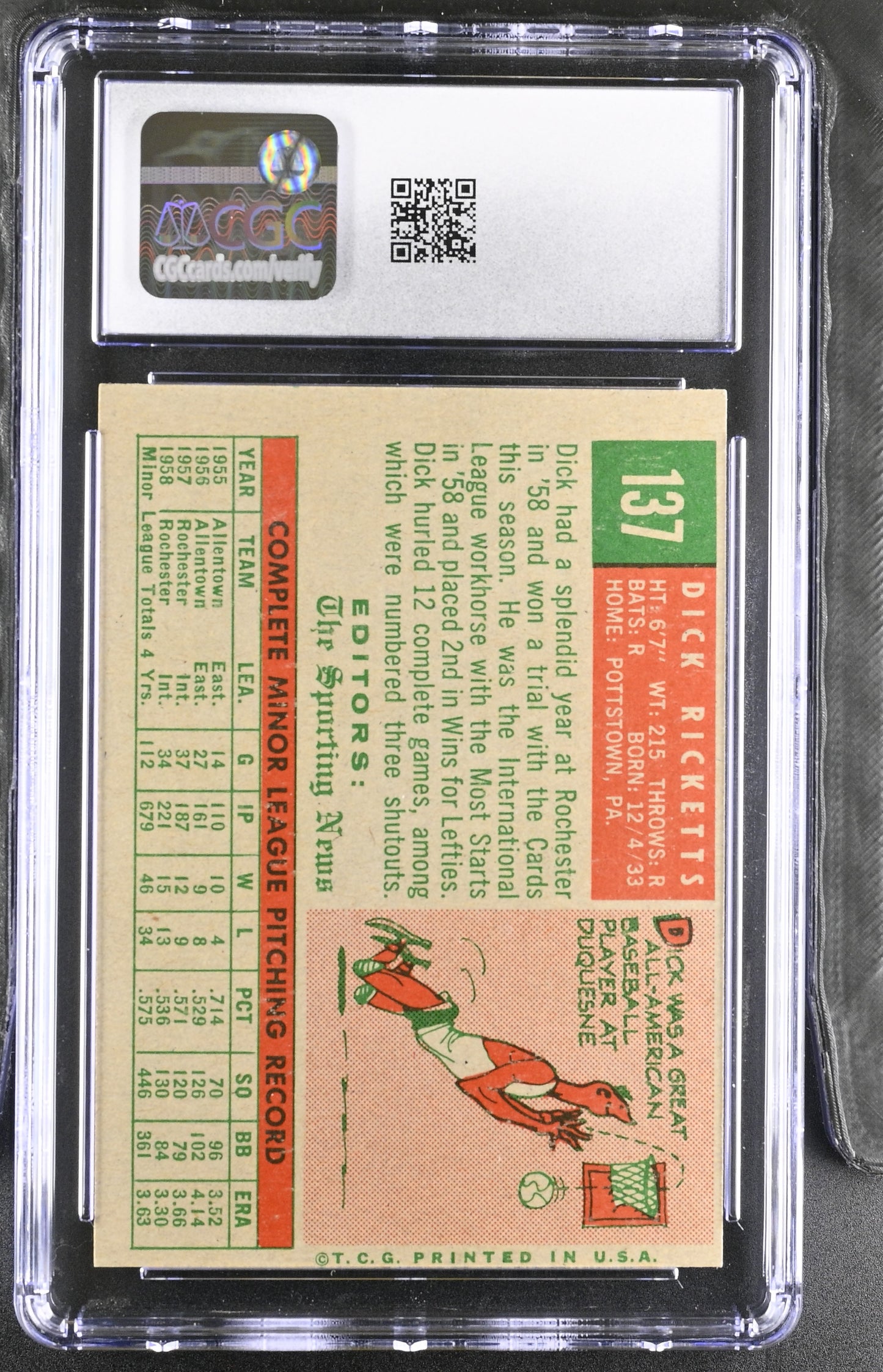 1959 Topps #137 Dick Ricketts CGC 2.5 SN 6142657008