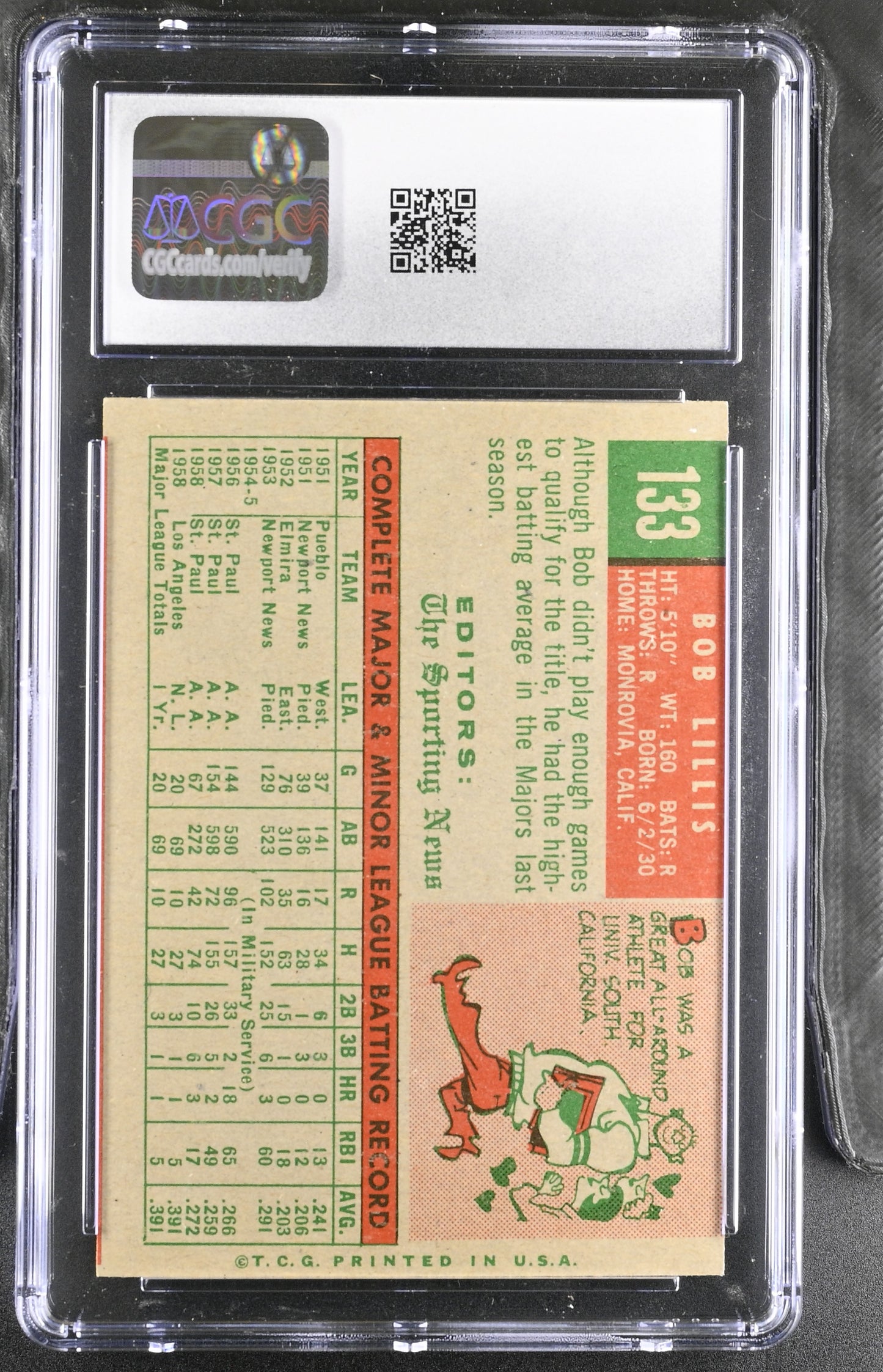 1959 Topps #133 Bob Lillis CGC 2 SN 6142657010
