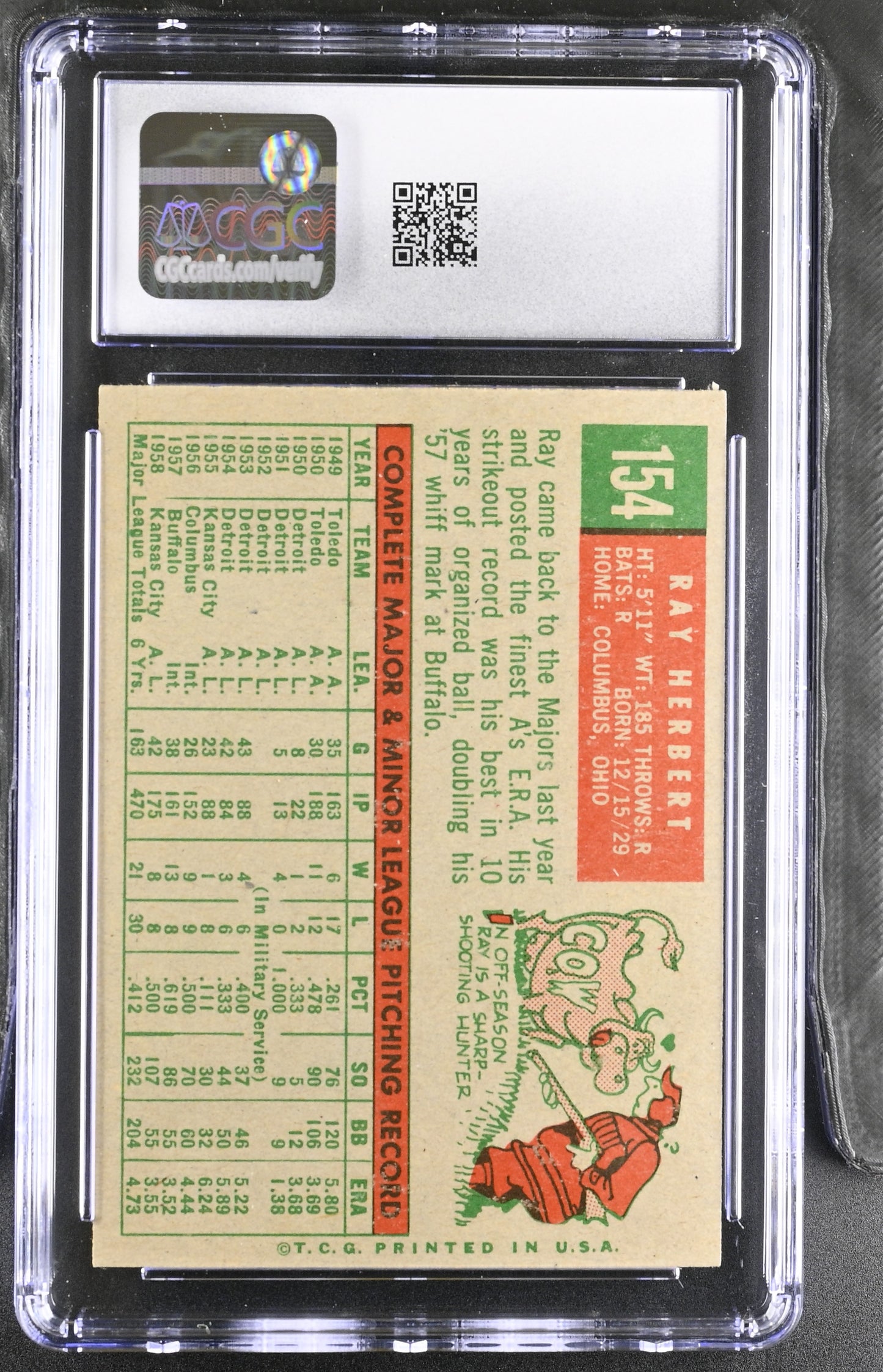 1959 Topps #154 Ray Herbert CGC 5 SN 6142657013