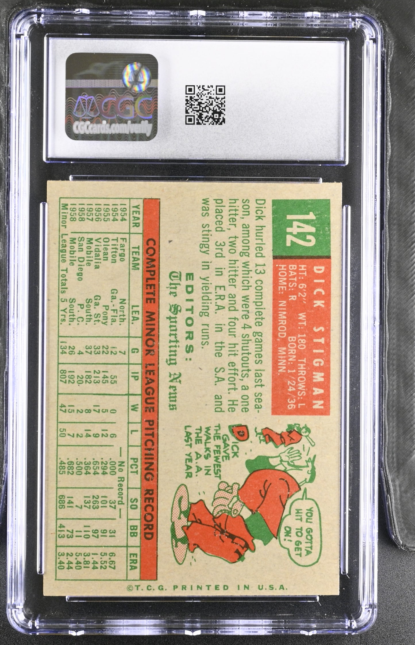 1959 Topps #142 Dick Stigman CGC 6 SN 6142657018