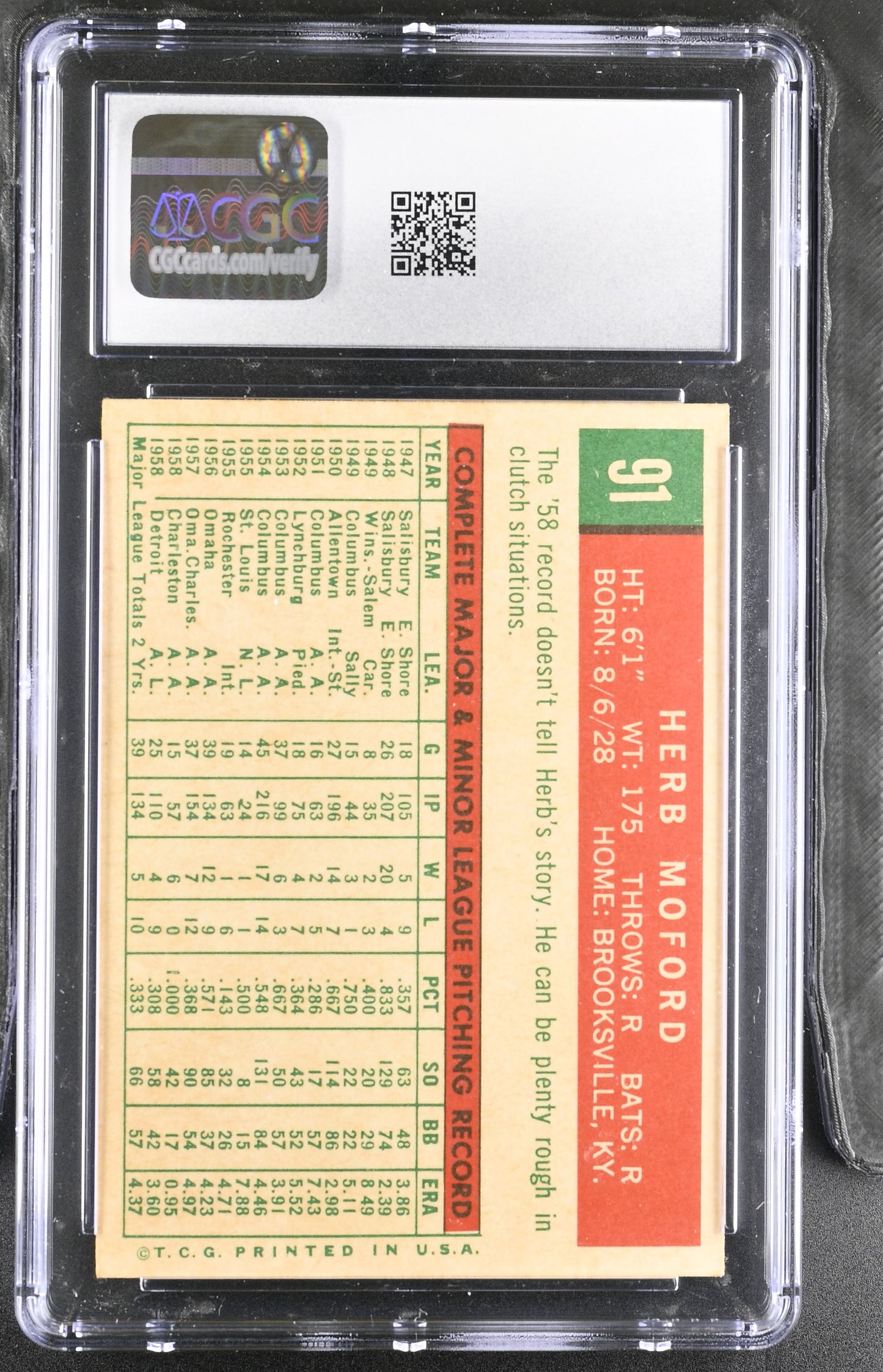 1959 Topps #91 Herb Moford CGC 5.5 SN 6142657029