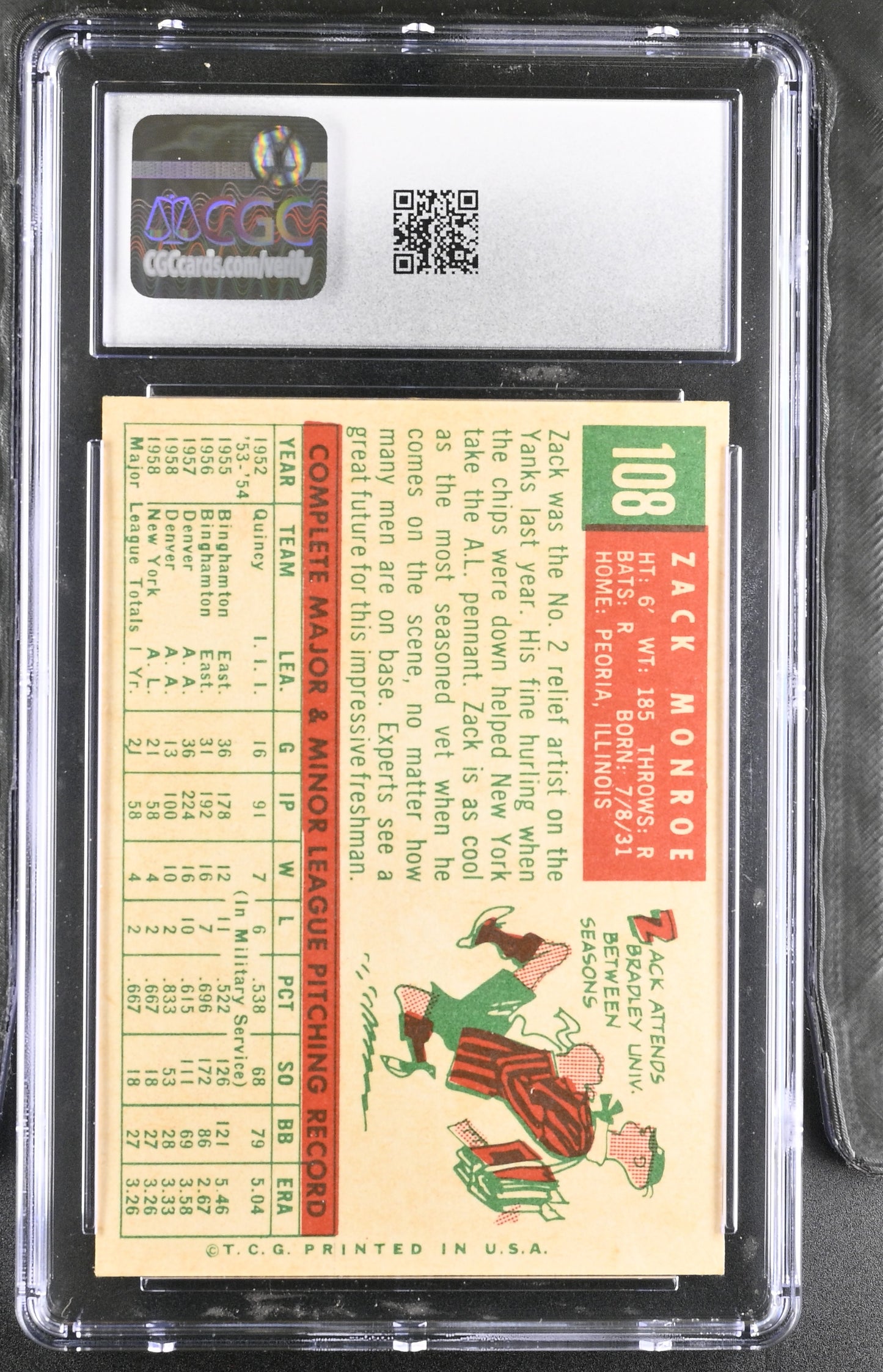 1959 Topps #108 Zack Monroe CGC 6 SN 6142657036
