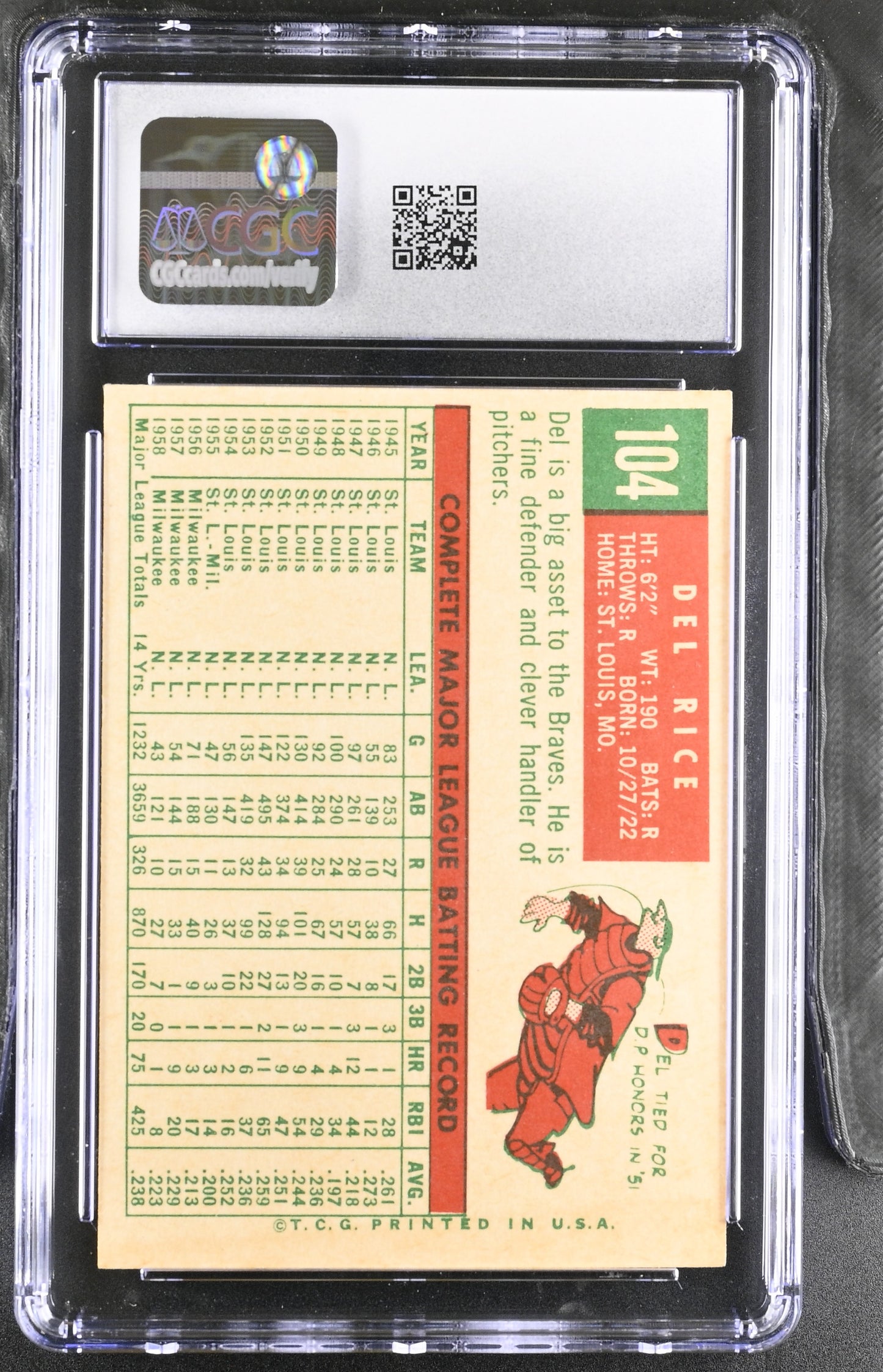 1959 Topps #104 Del Rice CGC 5 SN 6142657039