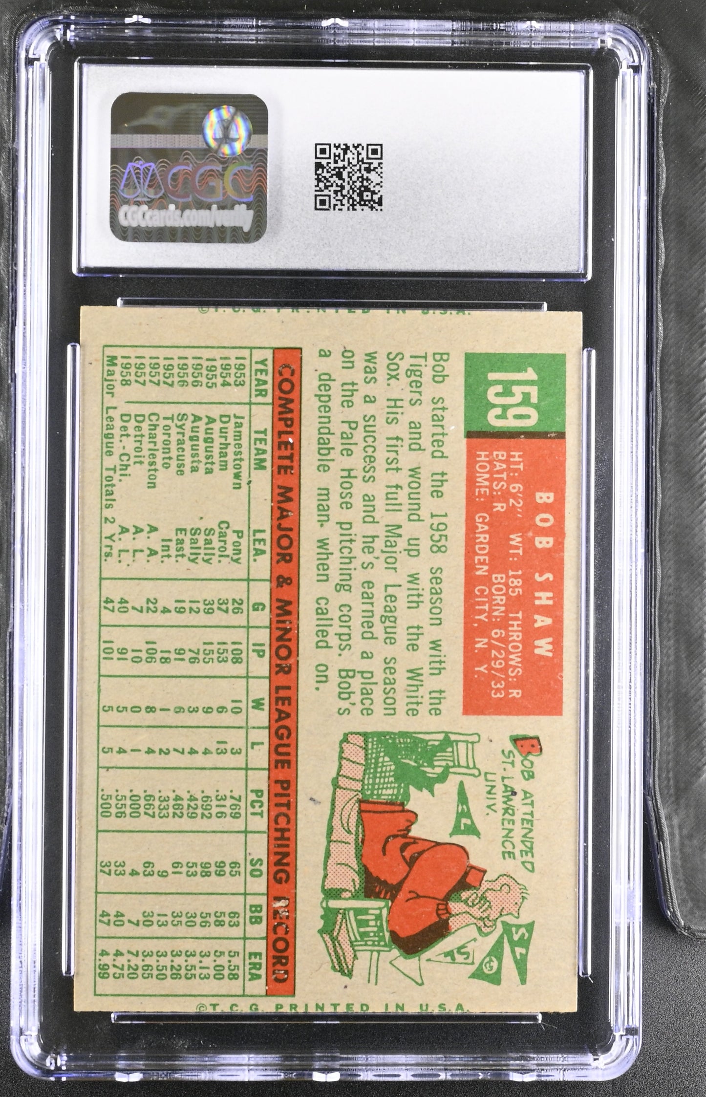1959 Topps #159 Bob Shaw CGC 4 SN 6142657046