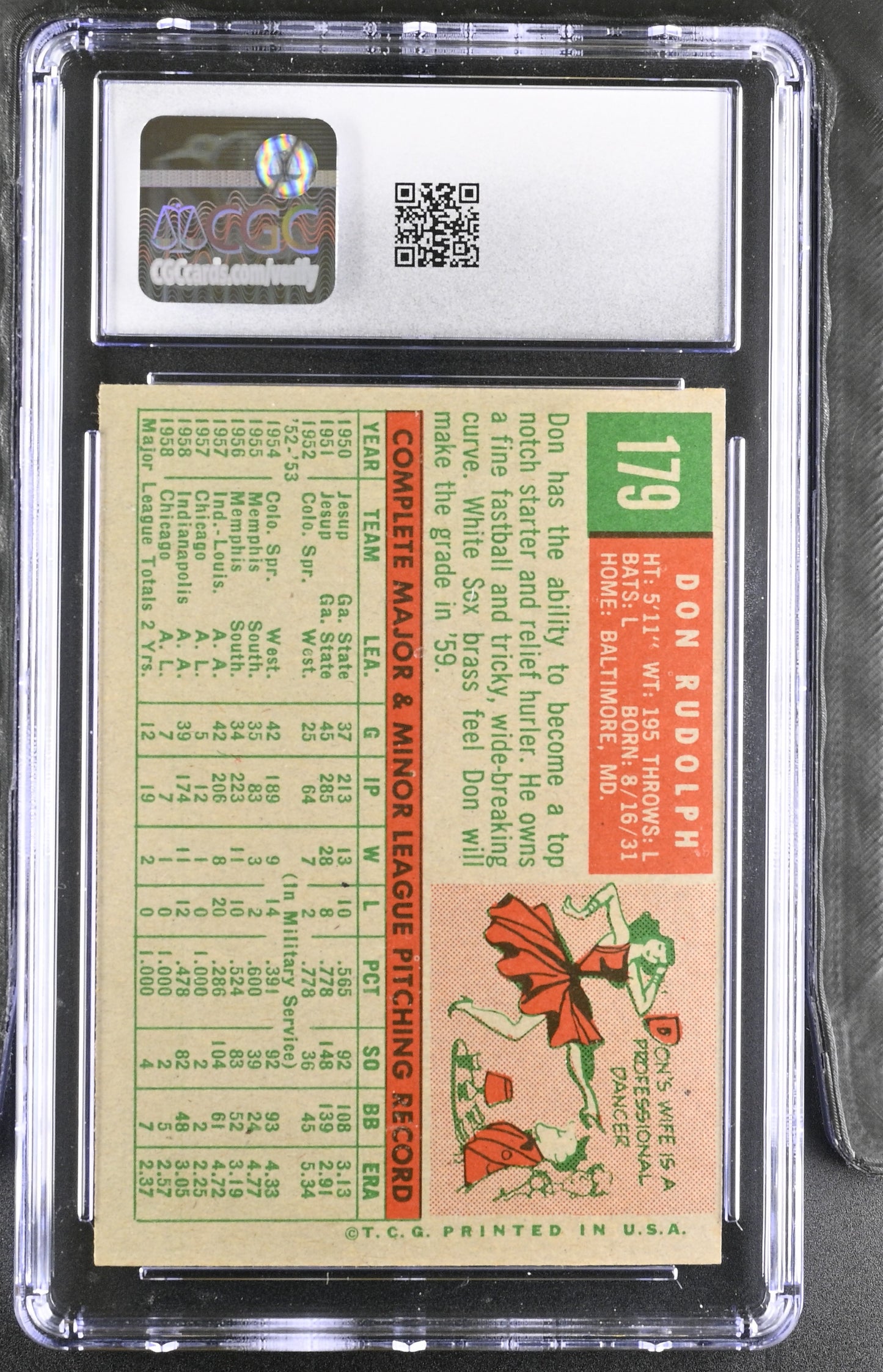 1959 Topps #179 Don Rudolph CGC 6 SN 6142657049