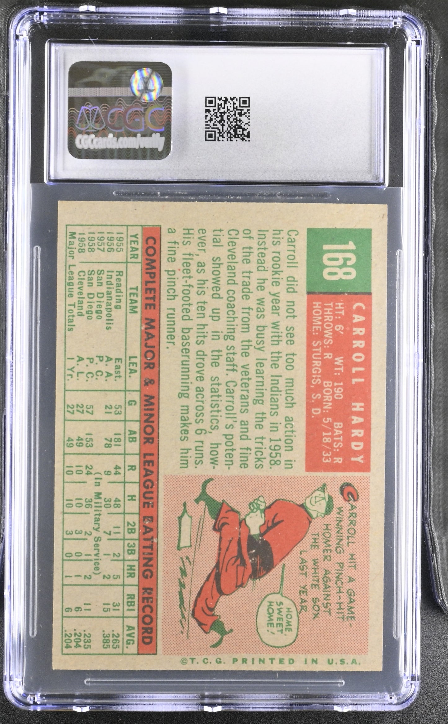1959 Topps #168 Carroll Hardy CGC 4 SN 6142657052