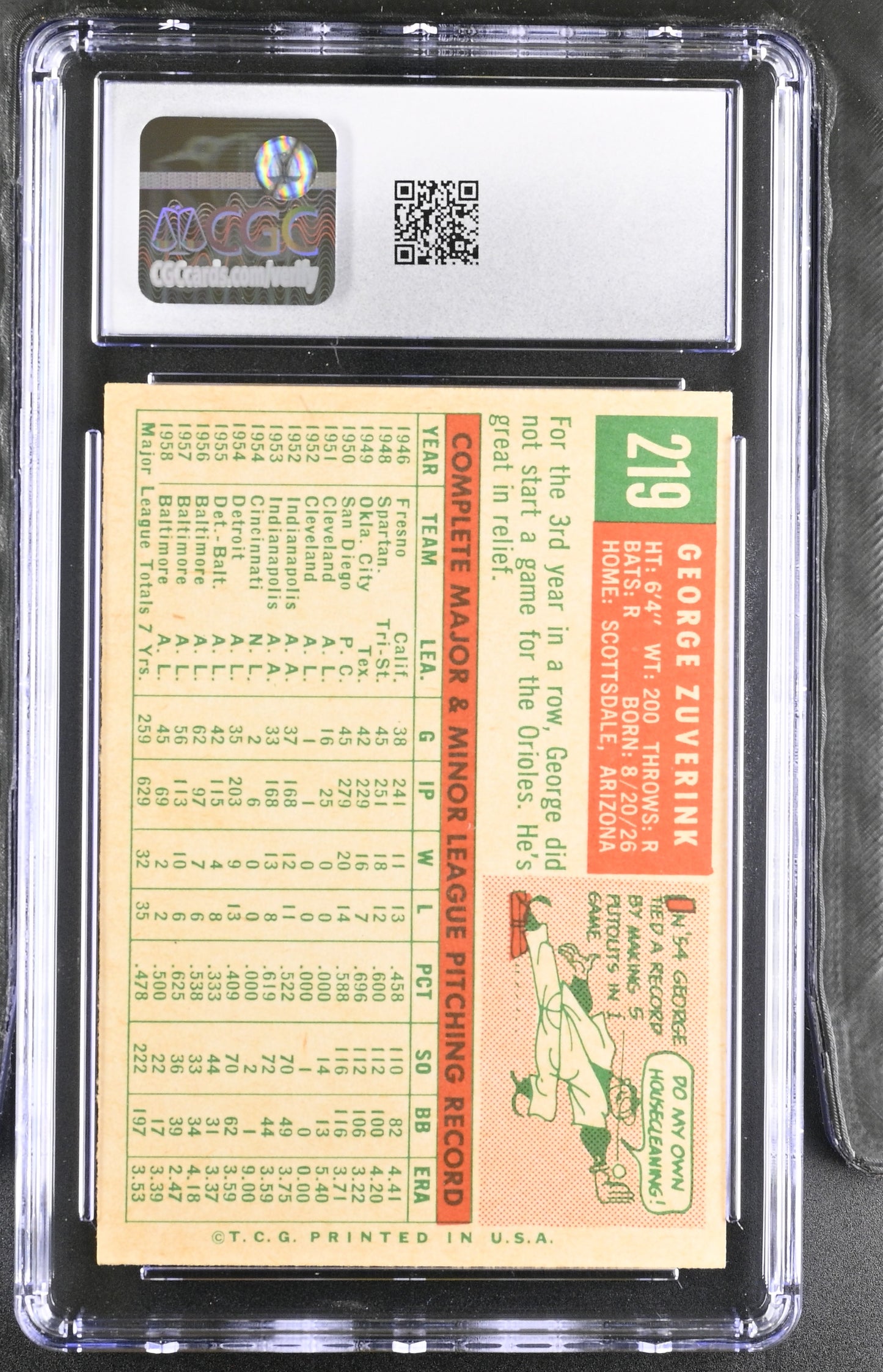 1959 Topps #219 George Zuverink CGC 6 SN 6142657059
