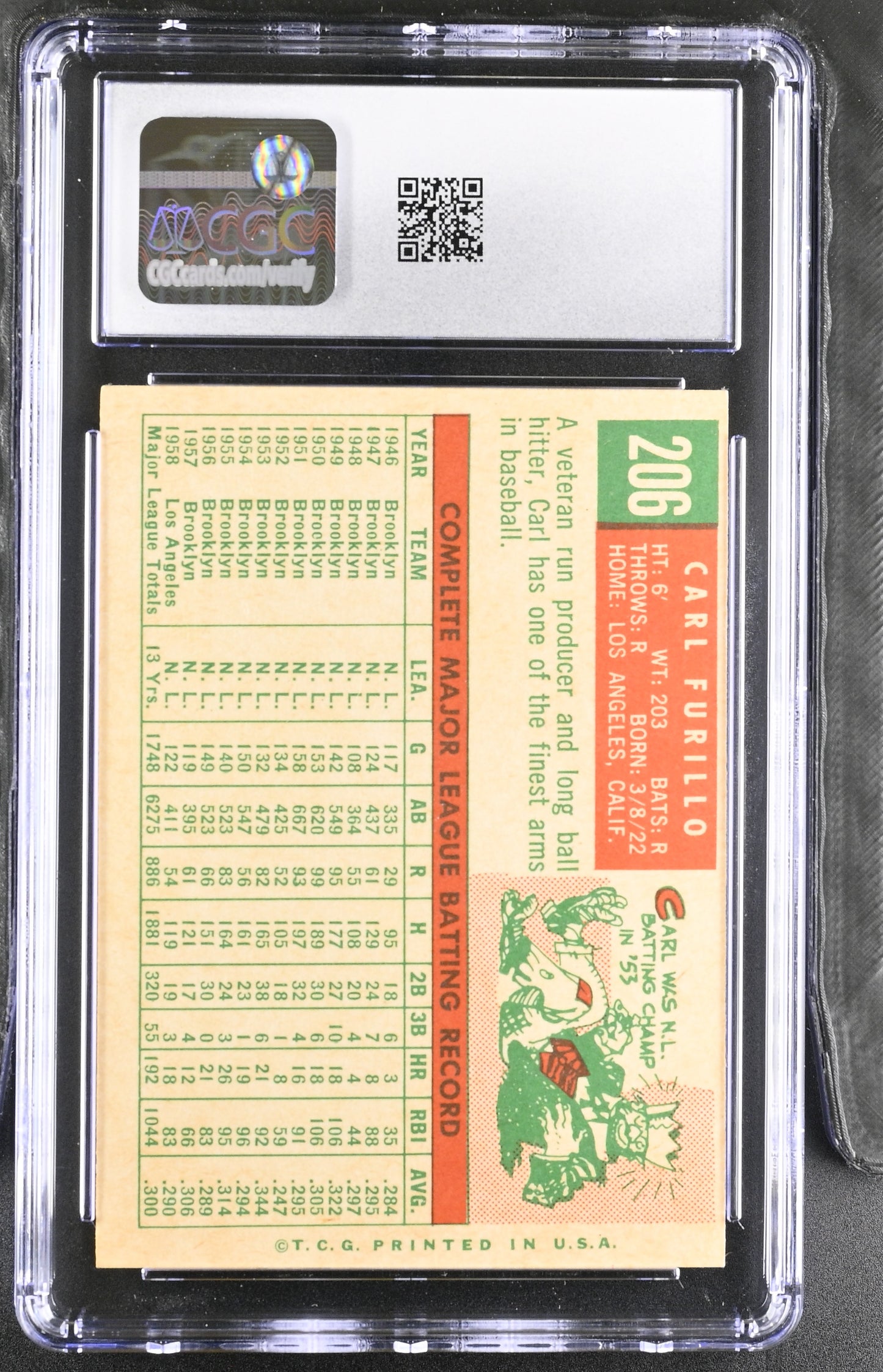 1959 Topps #206 Carl Furillo CGC 6 SN 6142657064