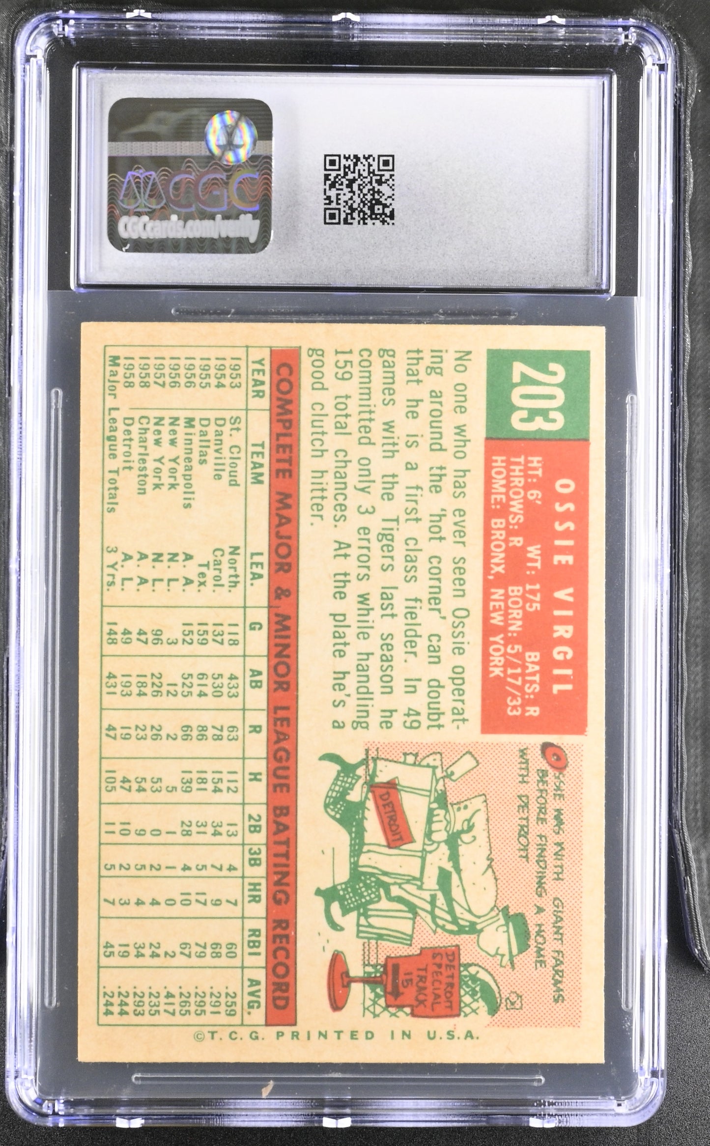 1959 Topps #203 Ozzie Virgil Sr. CGC 6.5 SN 6142657065