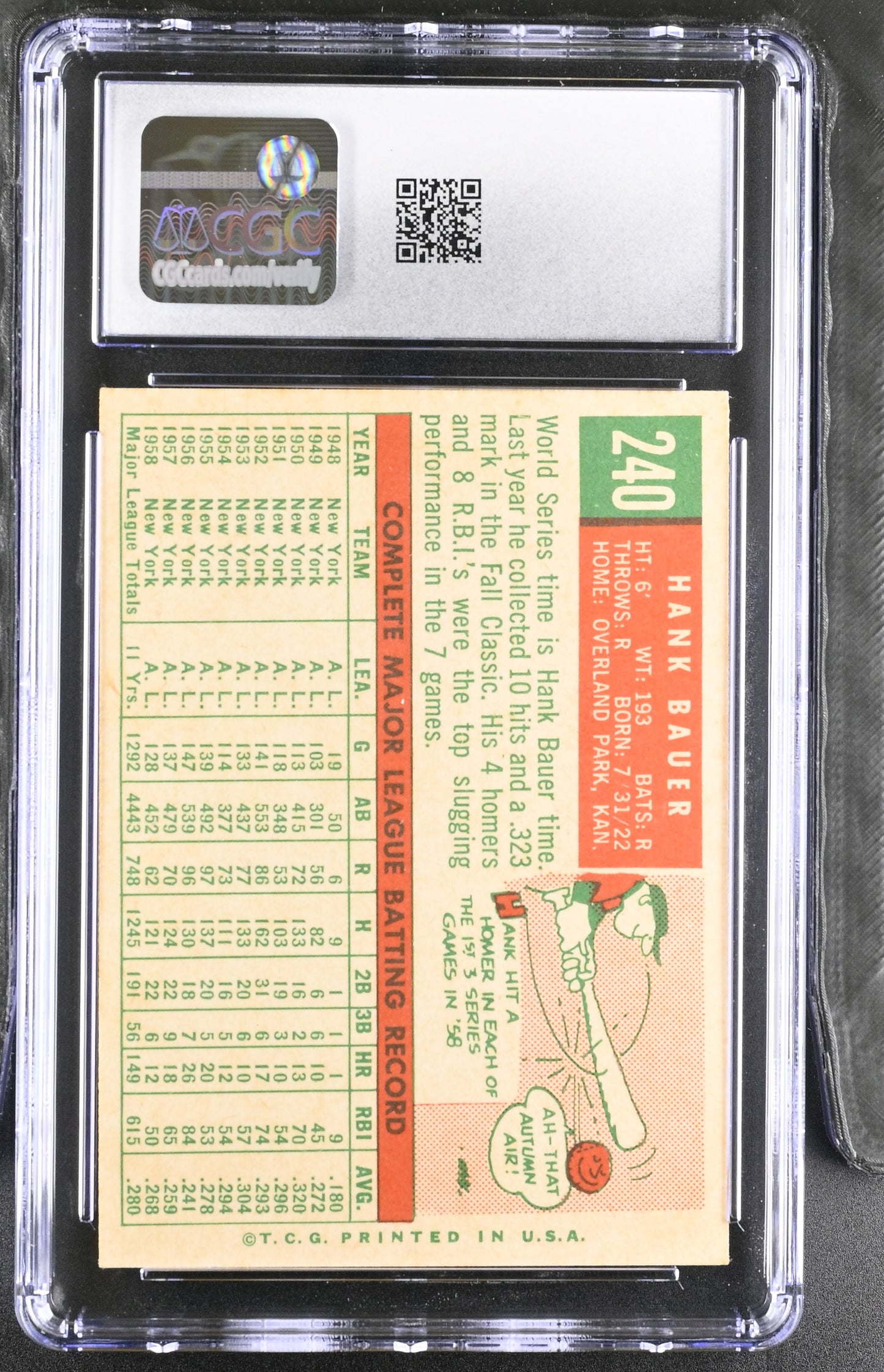 1959 Topps #240 Hank Bauer CGC 6 SN 6142657068