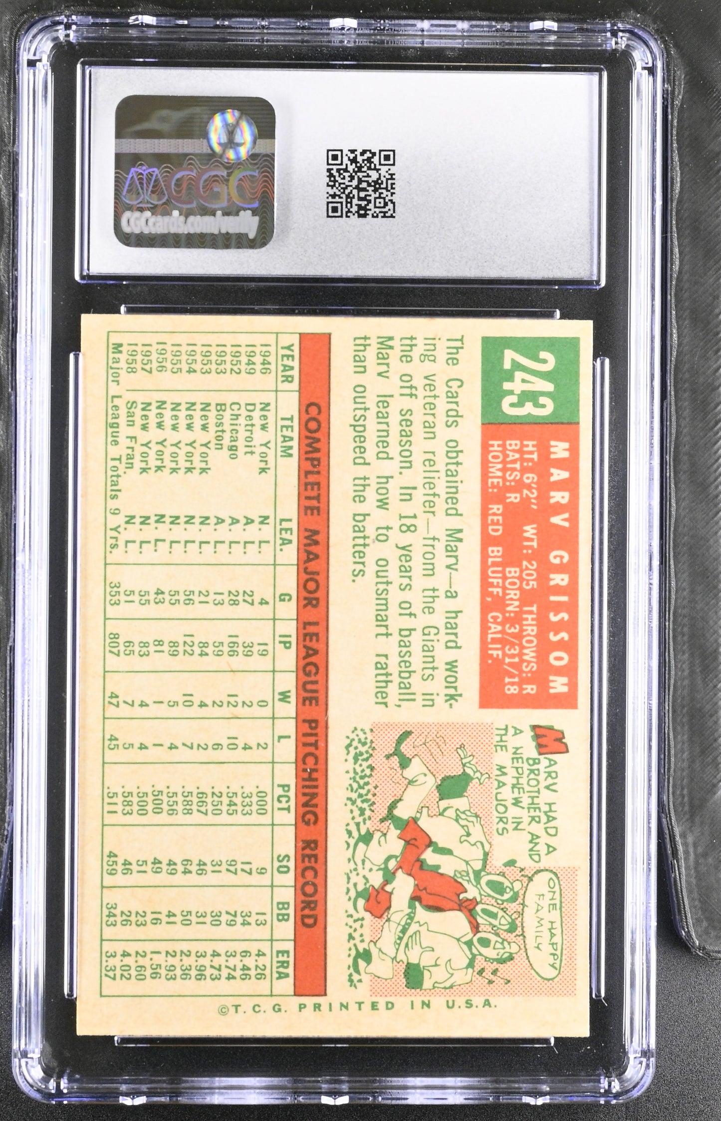 1959 Topps #243 Marv Grissom CGC 8 SN 6142657079