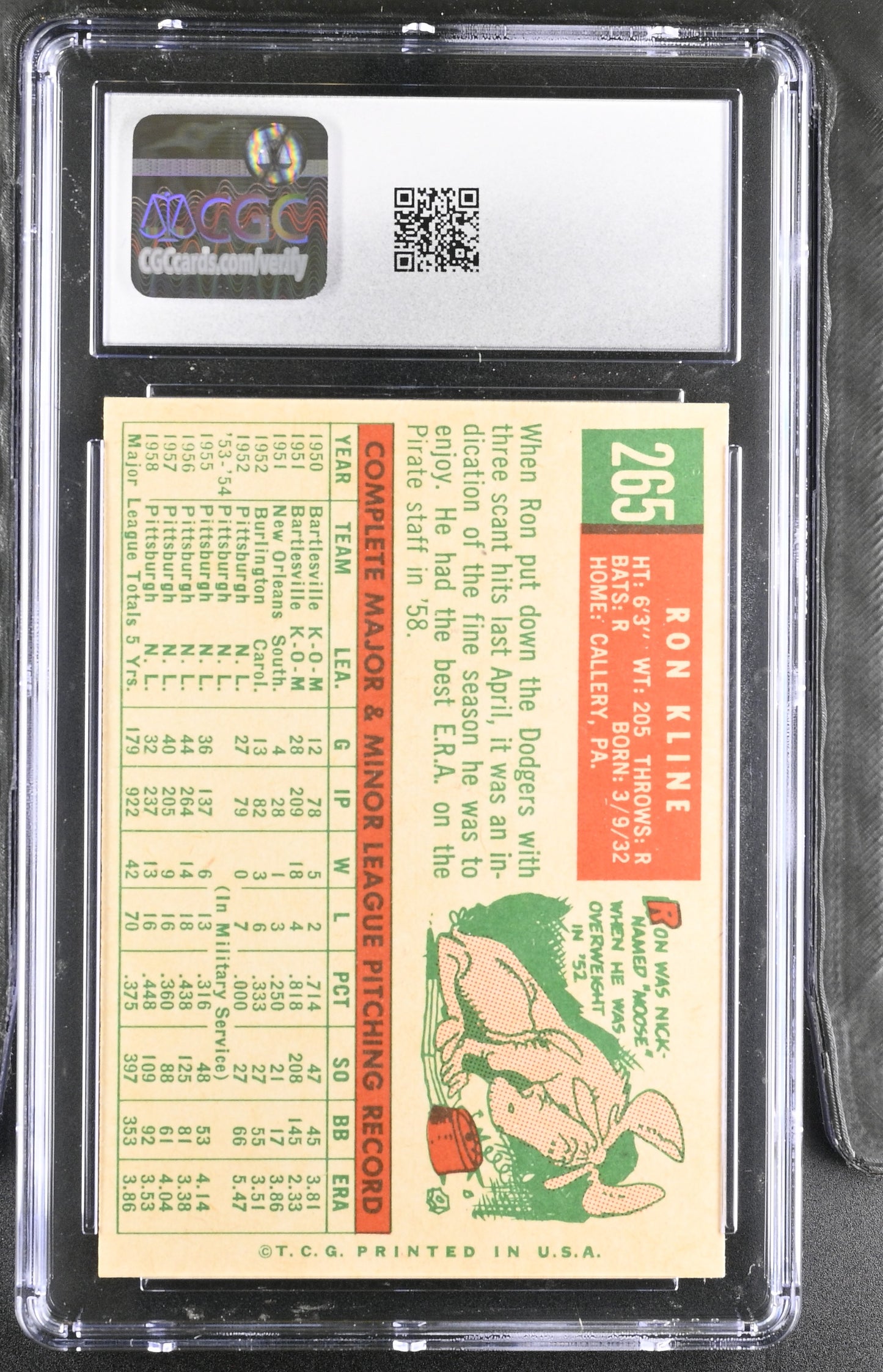 1959 Topps #265 Ron Kline CGC 6 SN 6142657086