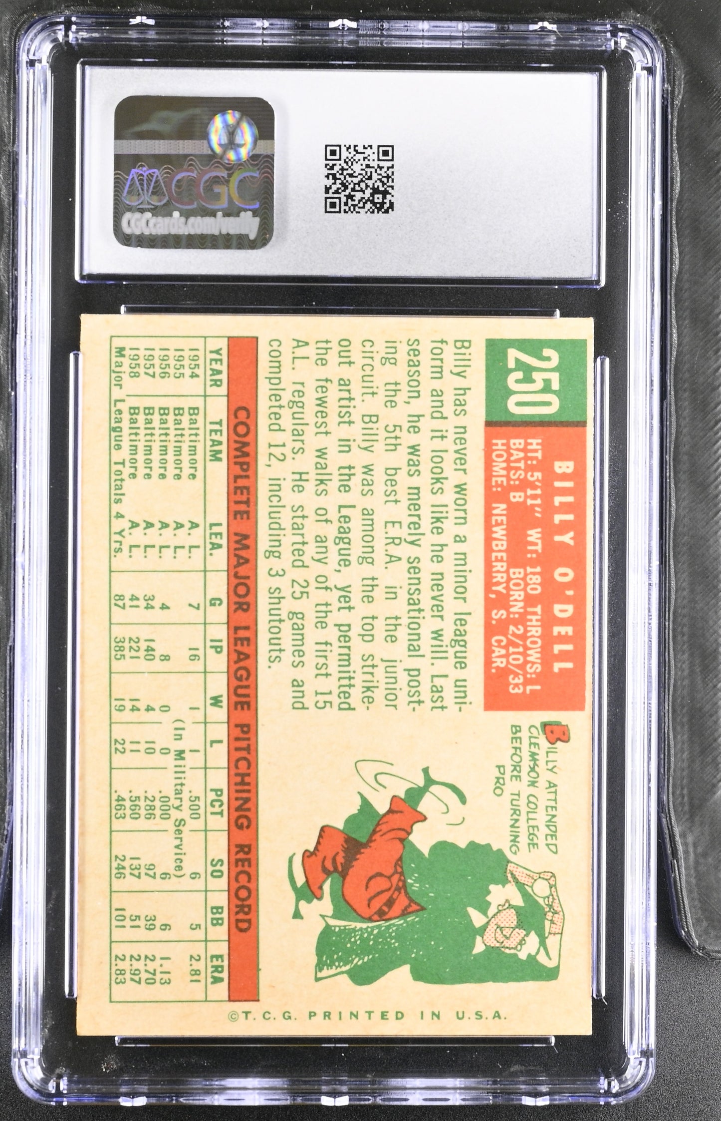 1959 Topps #250 Billy O'Dell CGC 3 SN 6142657092