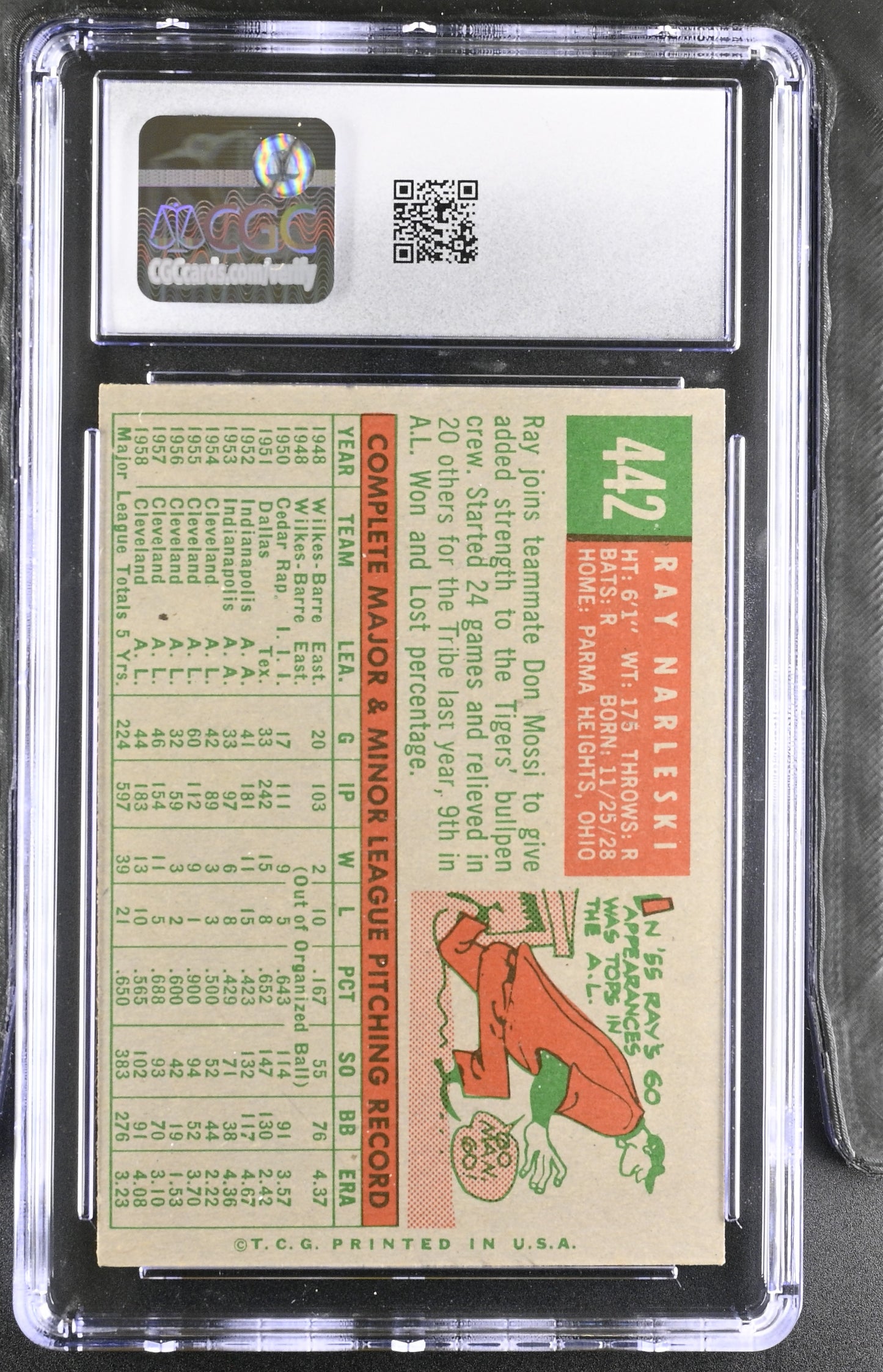 1959 Topps #442 Ray Narleski CGC 6 SN 6142657099