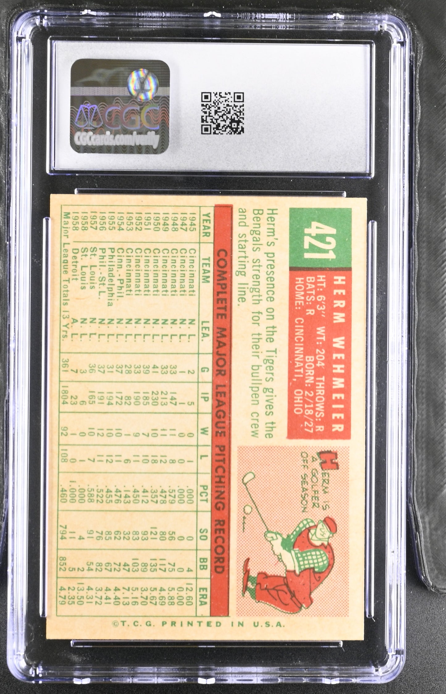 1959 Topps #421 Herm Wehmeier CGC 8 SN 6142657105