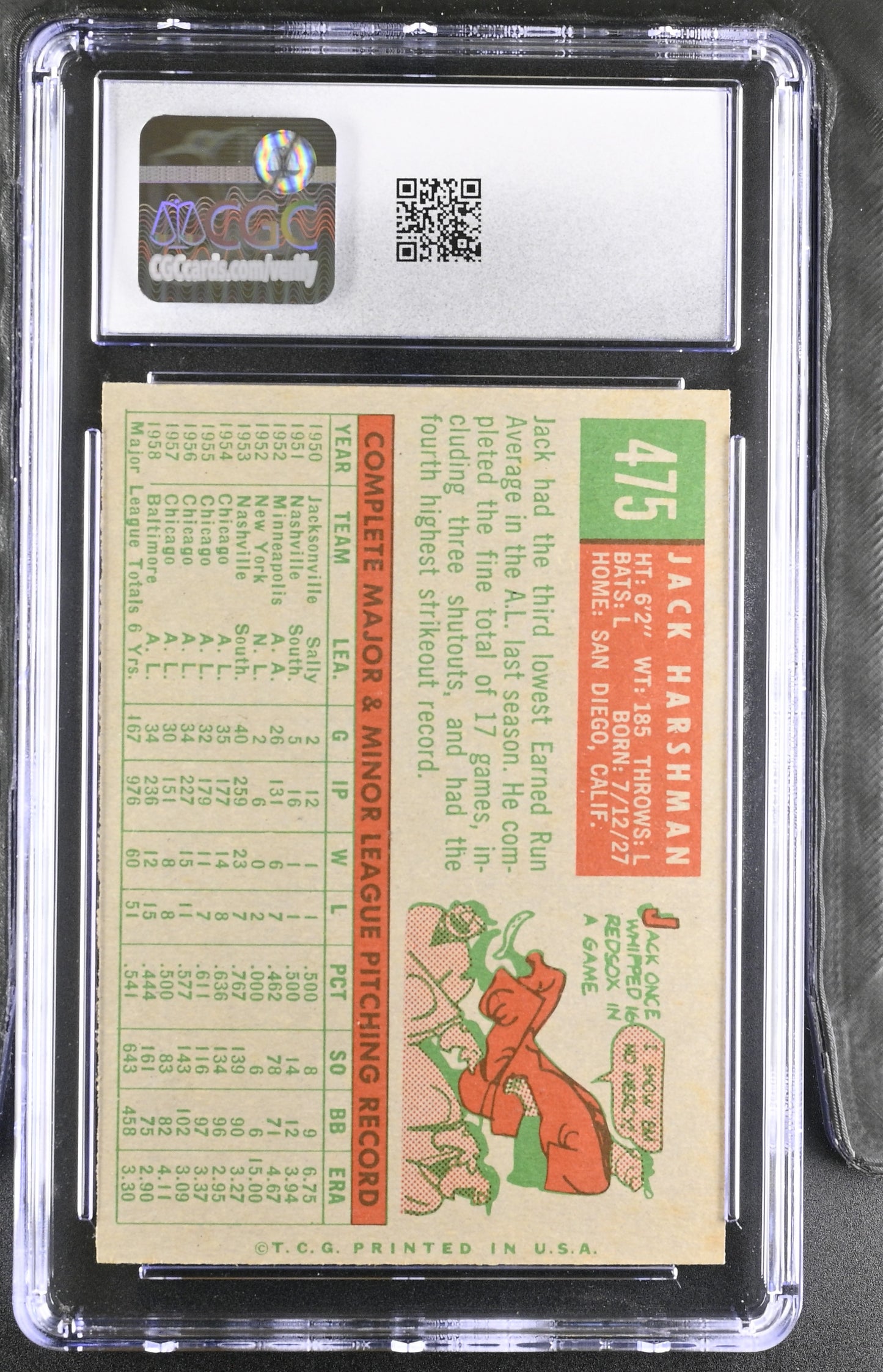 1959 Topps #475 Jack Harshman CGC 8 SN 6142657108