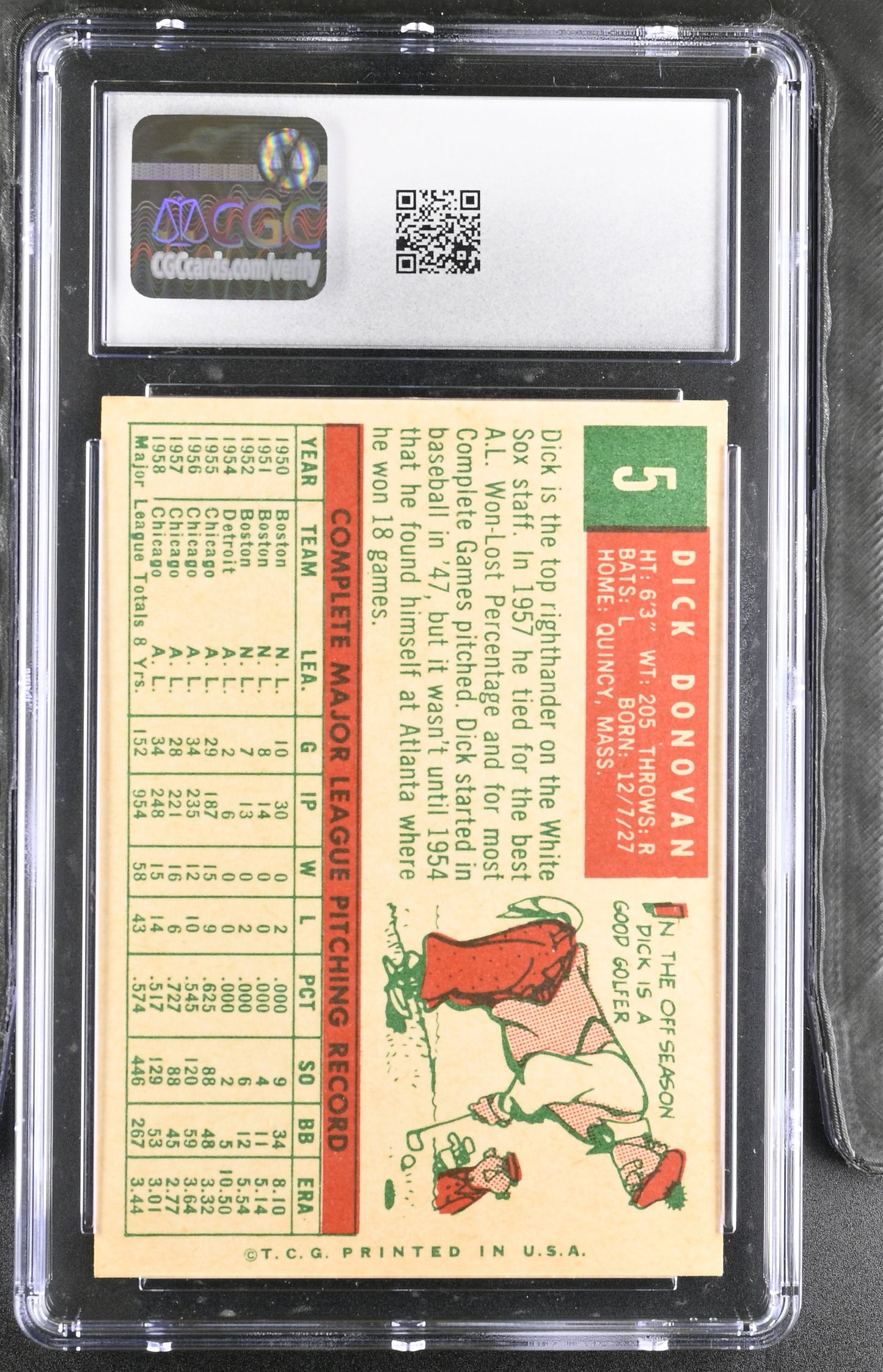 1959 Topps #5 Dick Donovan CGC 6 SN 6142657125