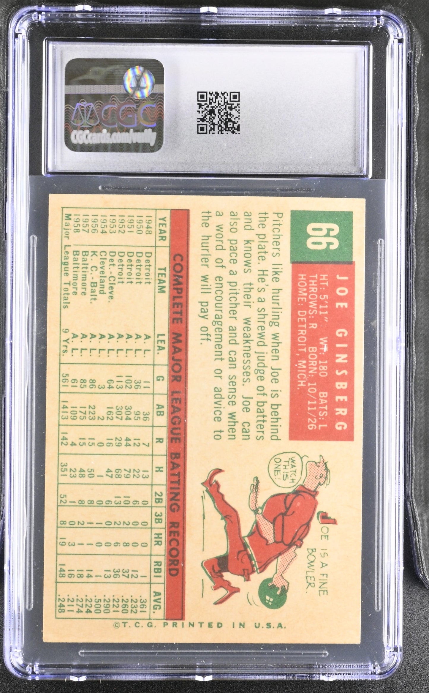 1959 Topps #66 Joe Ginsberg CGC 5.5 SN 6142657129