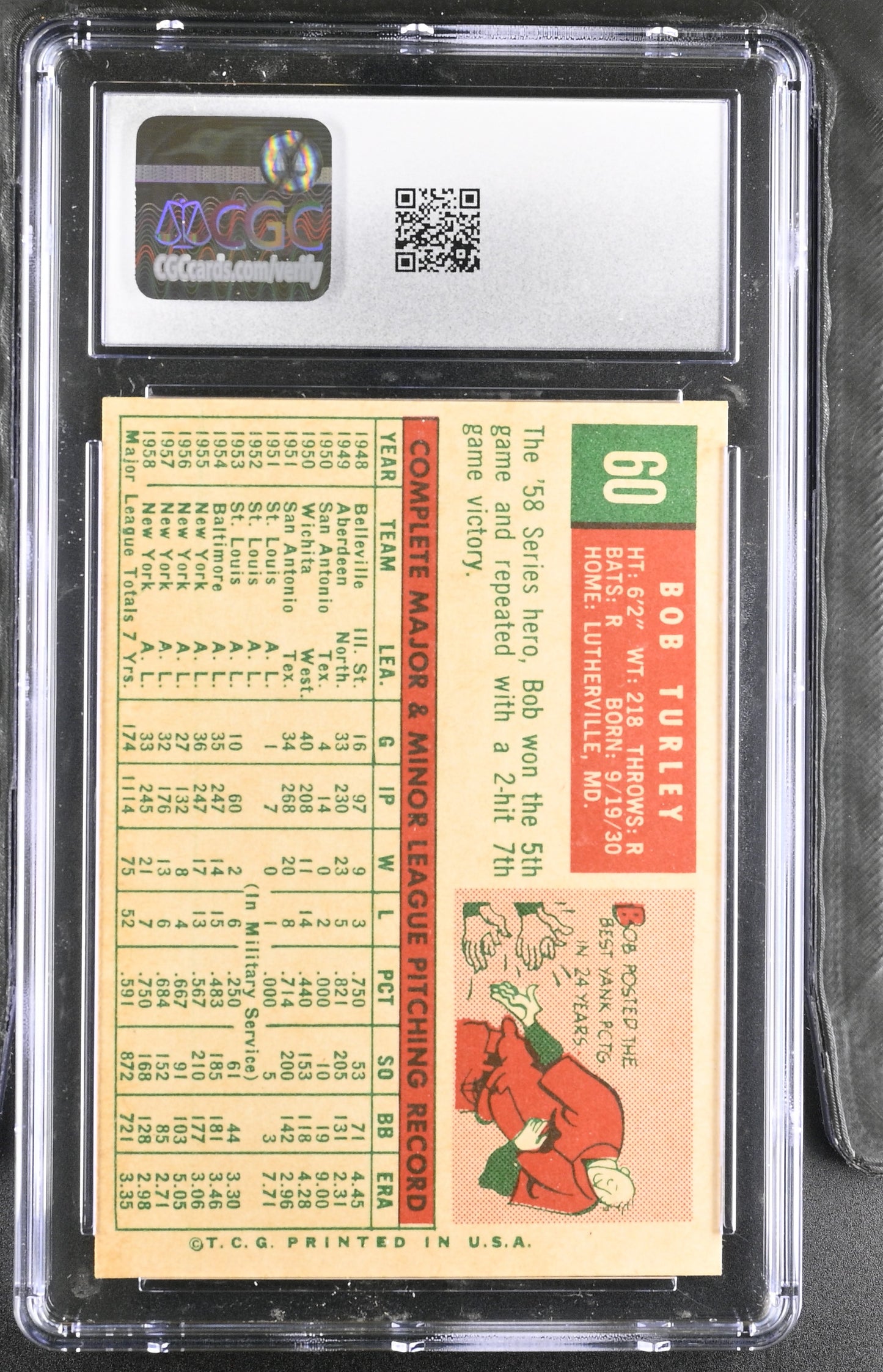 1959 Topps #60 Bob Turley CGC 7 SN 6142657131
