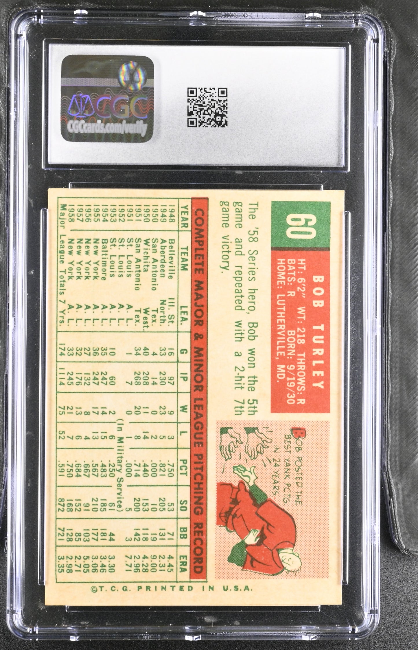 1959 Topps #60 Bob Turley CGC 8 SN 6142657132