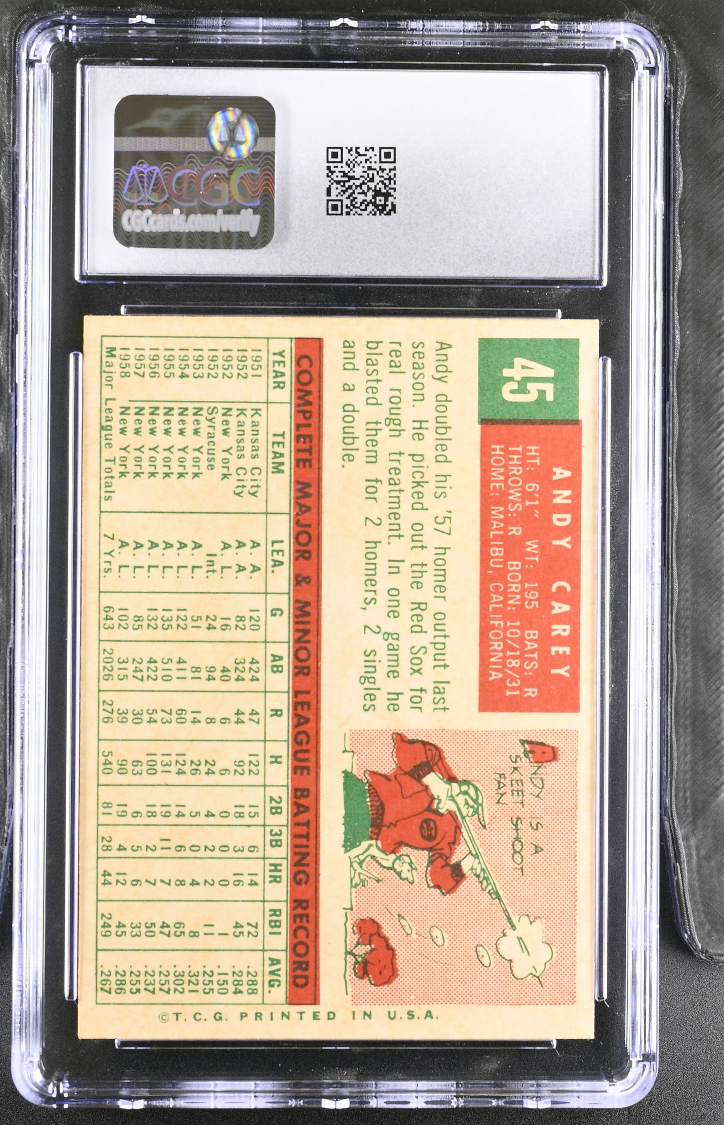 1959 Topps #45 Andy Carey CGC 7 SN 6142657137