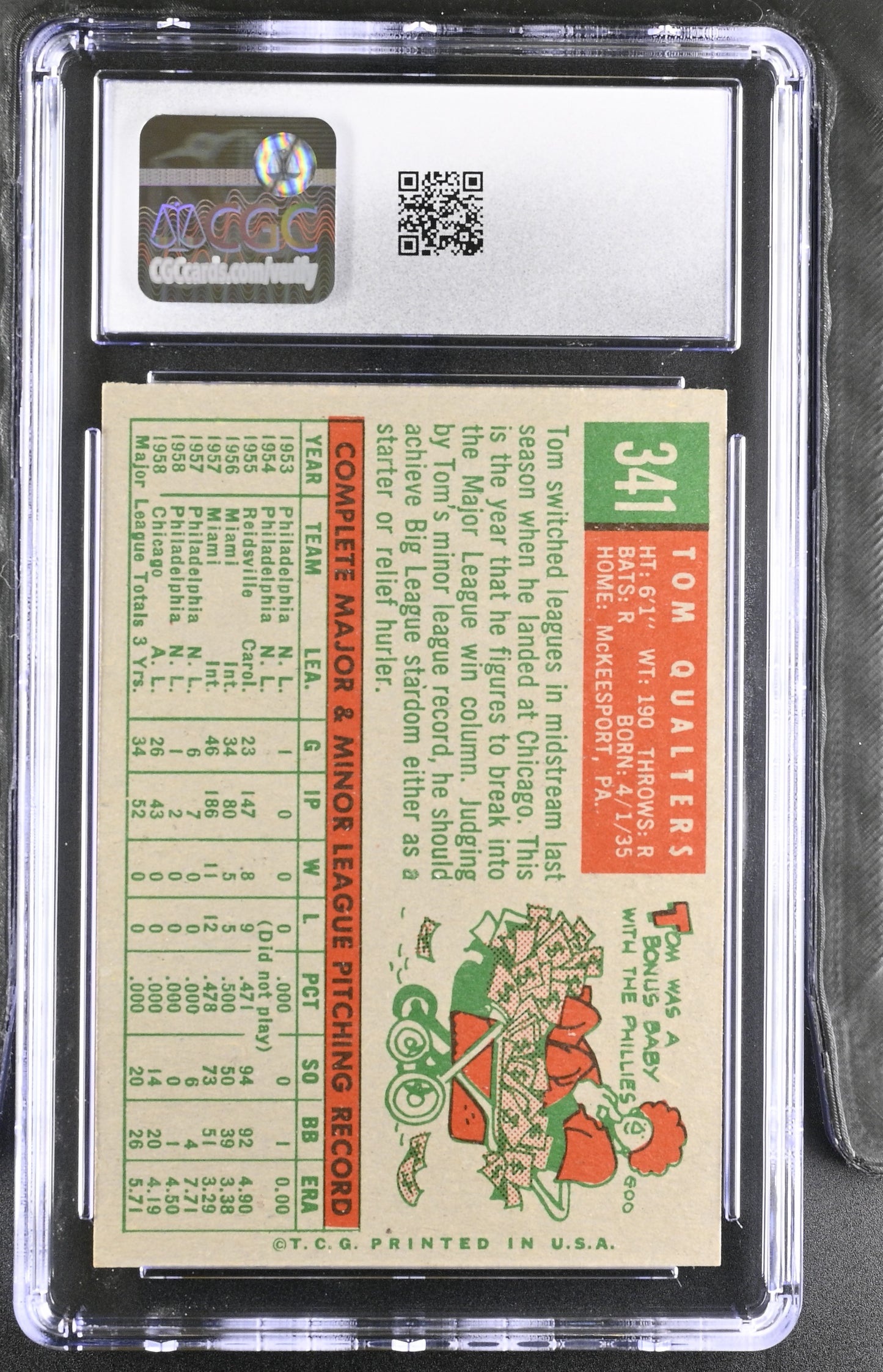 1959 Topps #341 Tom Qualters CGC 6 SN 6142657162