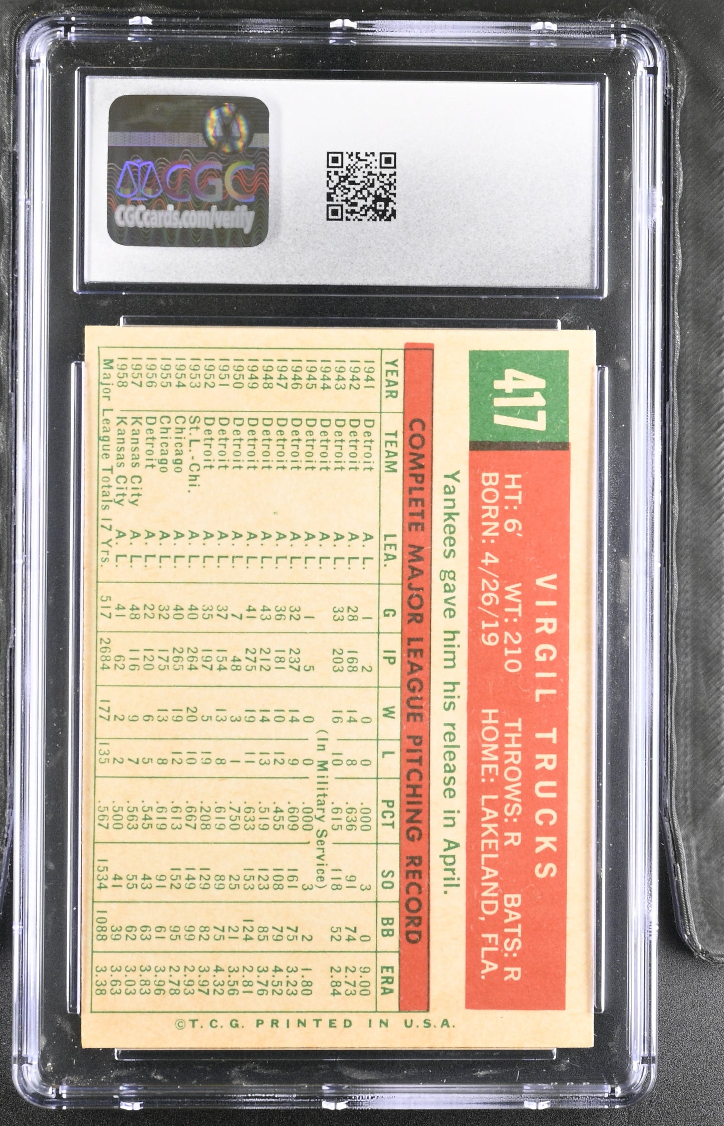 1959 Topps #417 Virgil Trucks CGC 6 SN 6142657166