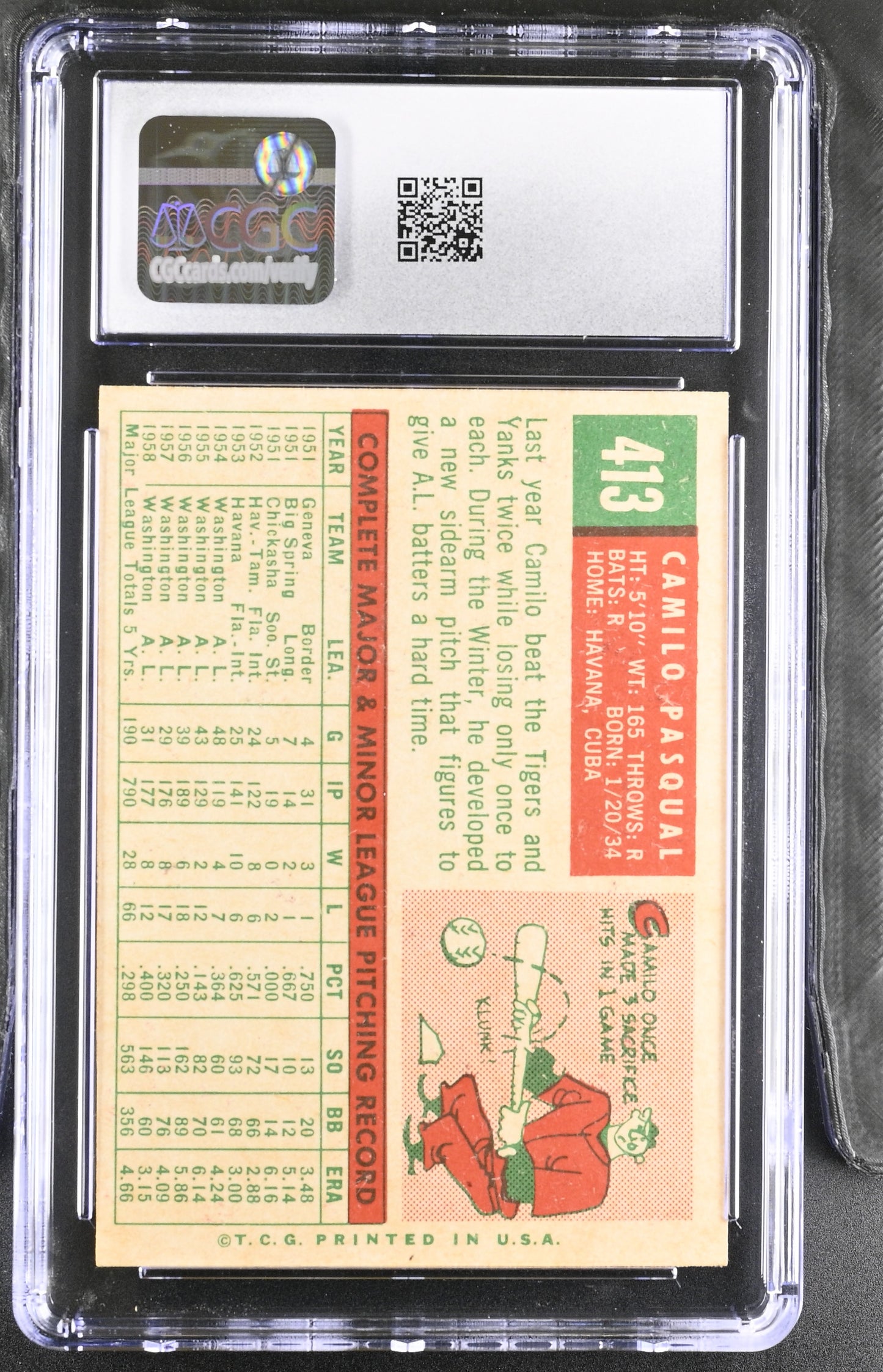 1959 Topps #413 Camilo Pascual CGC 7 SN 6142657169