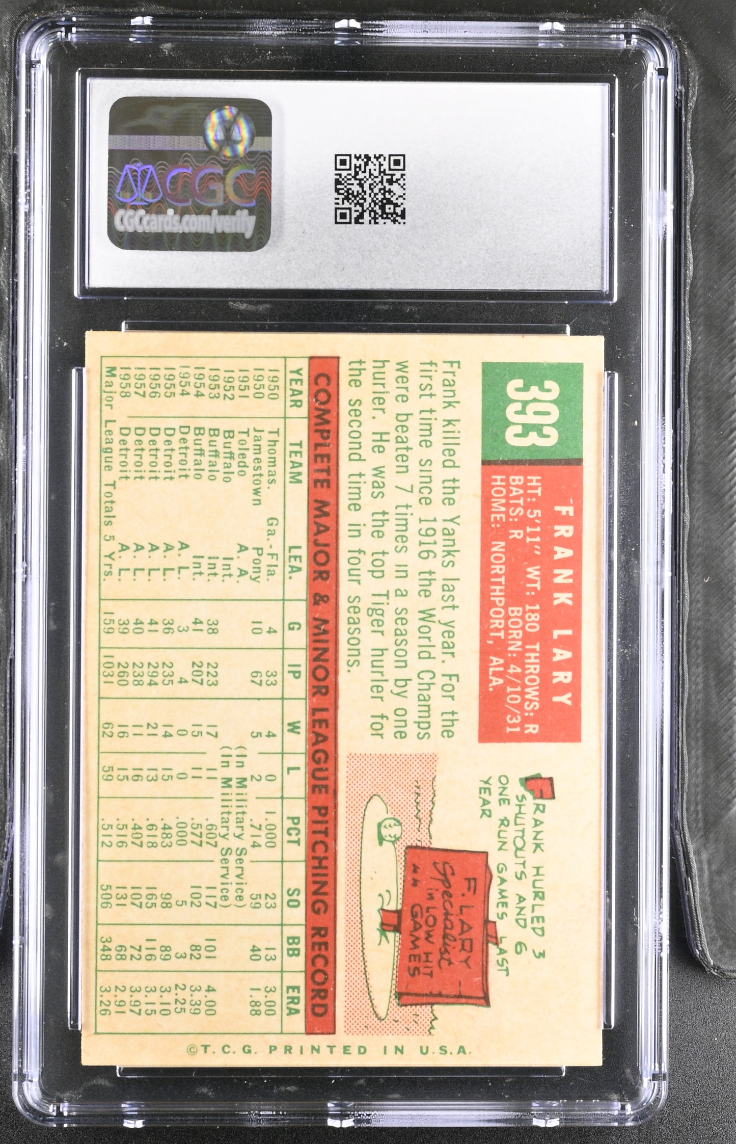 1959 Topps #393 Frank Lary CGC 5.5 SN 6142657174