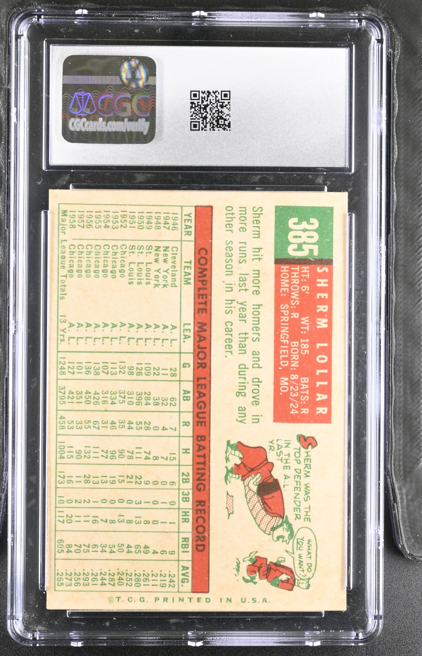 1959 Topps #385 Sherm Lollar CGC 6.5 SN 6142657177
