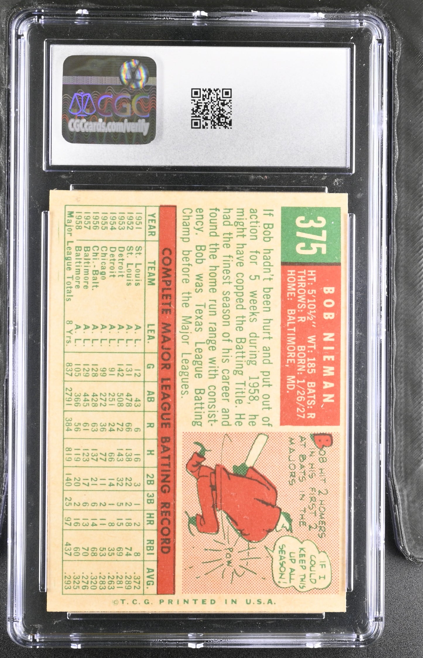 1959 Topps #375 Bob Nieman CGC 5.5 SN 6142657180