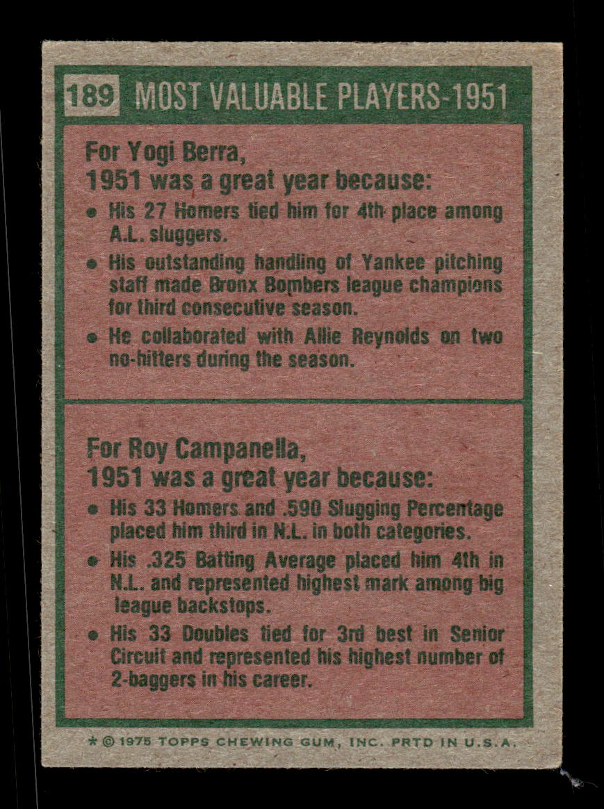 1975 Topps #189 1951 MVPs New York Yankees VGEX CS26016764