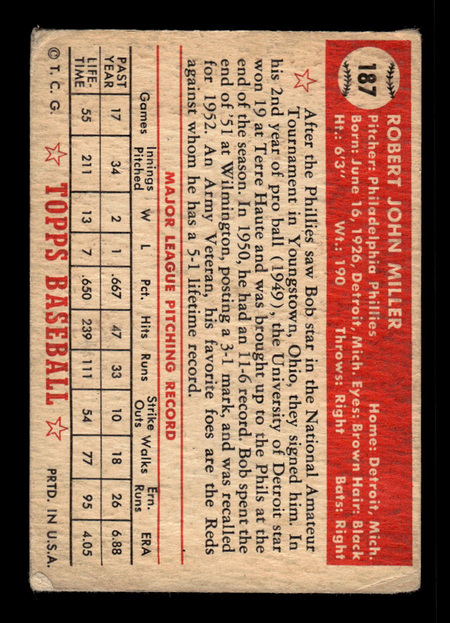1952 Topps #187 Bob Miller Philadelphia Phillies Poor CS26016826