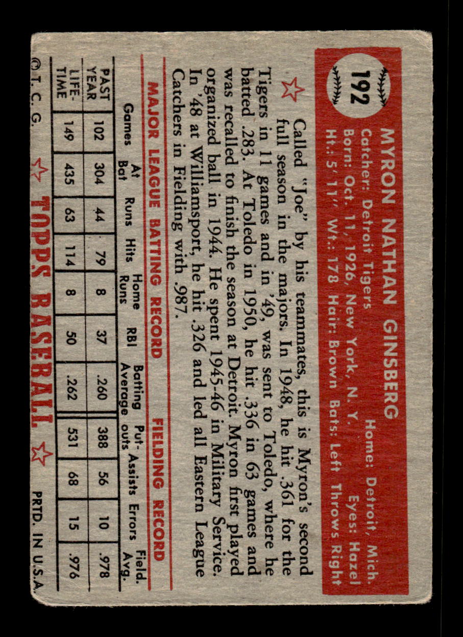 1952 Topps #192 Myron Ginsberg Detroit Tigers Poor CS26016828