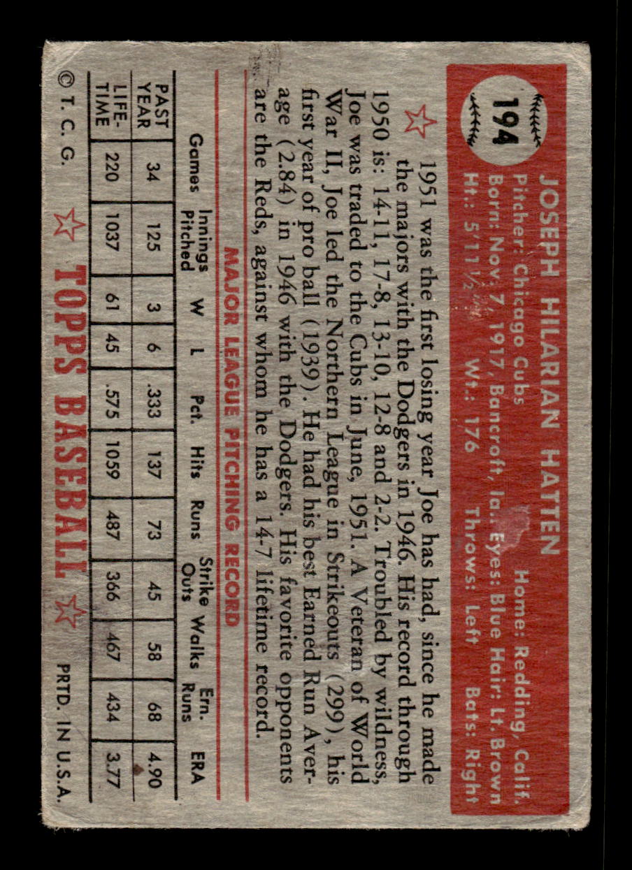 1952 Topps #194 Joe Hatten Chicago Cubs Poor CS26016829