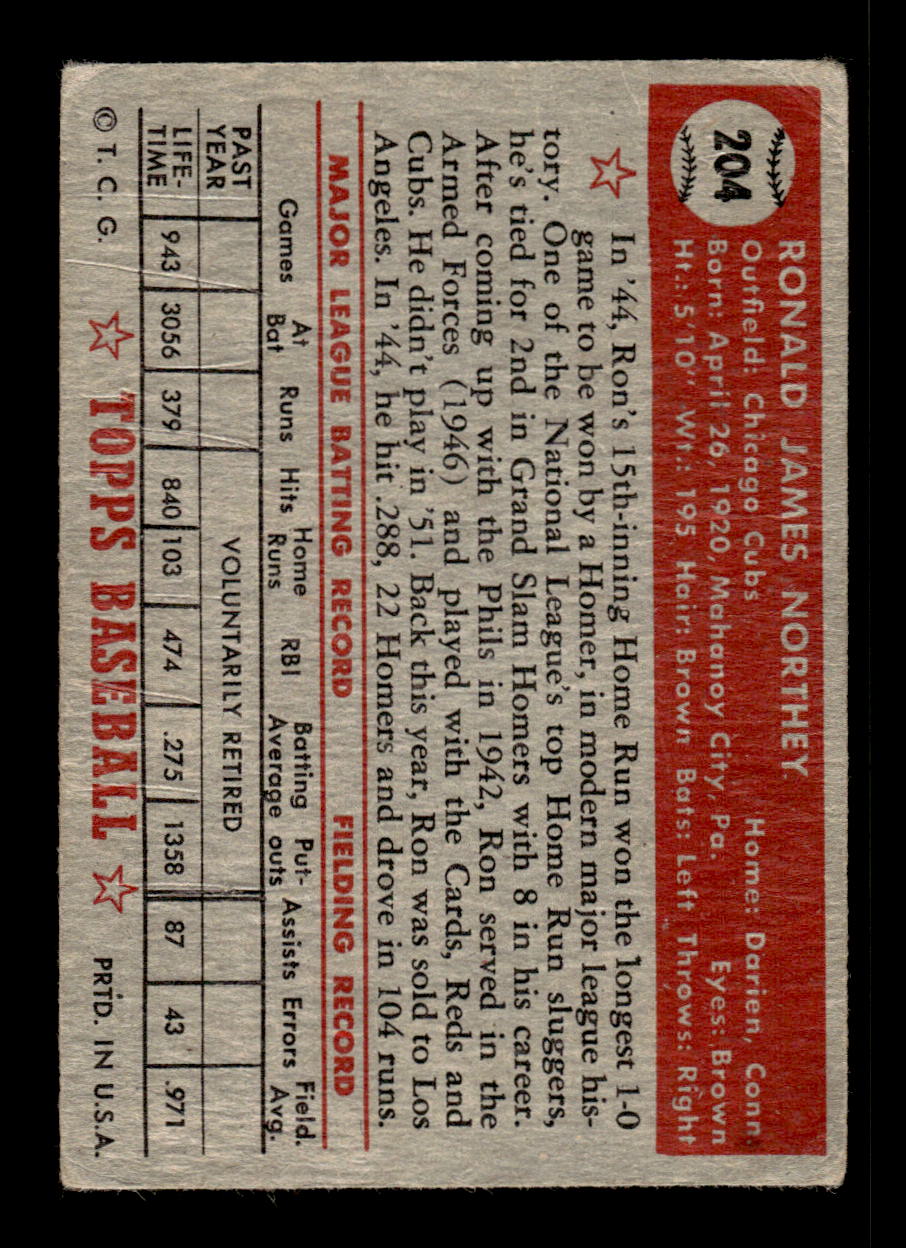1952 Topps #204 Ron Northey Chicago Cubs Poor CS26016832