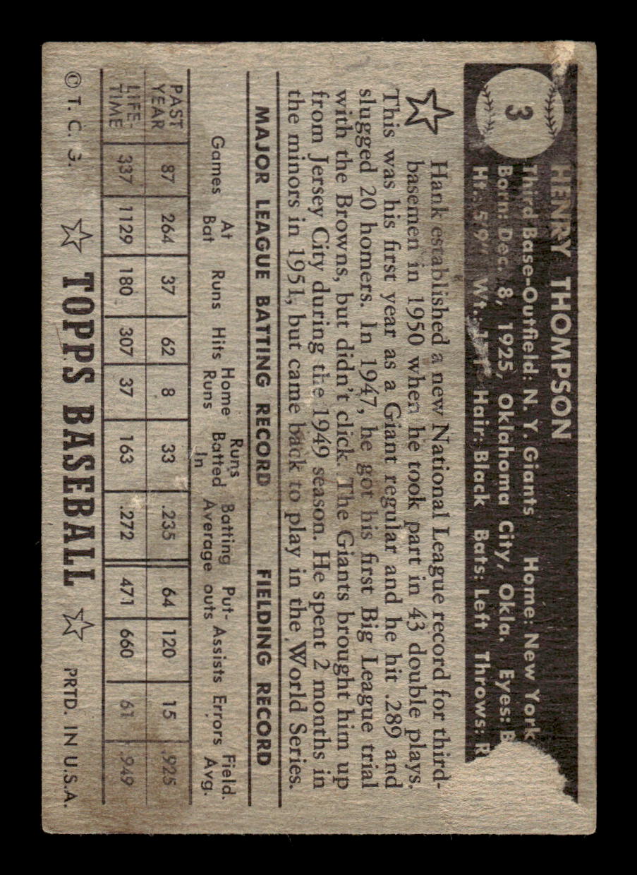 1952 Topps #3b Hank Thompson New York Giants Poor CS26016843