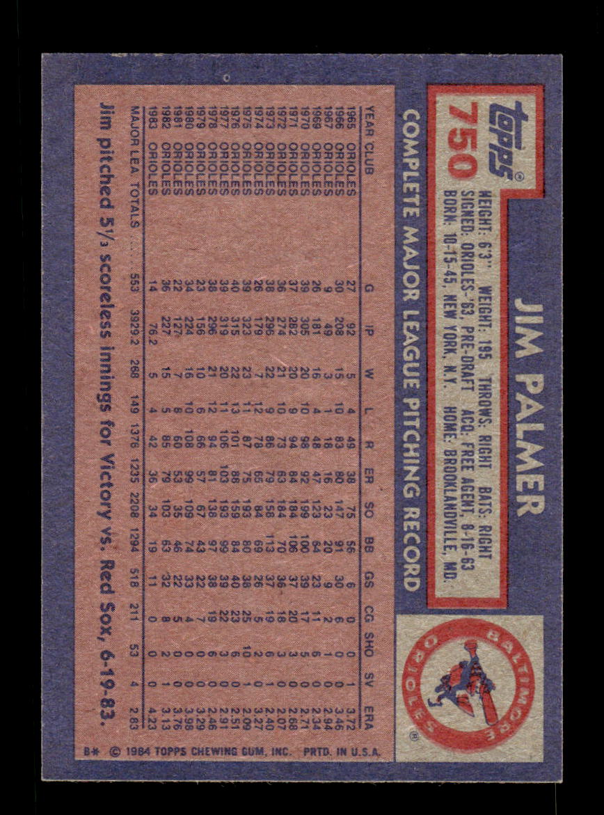 1984 Topps #750 Jim Palmer Baltimore Orioles VG CS26016867