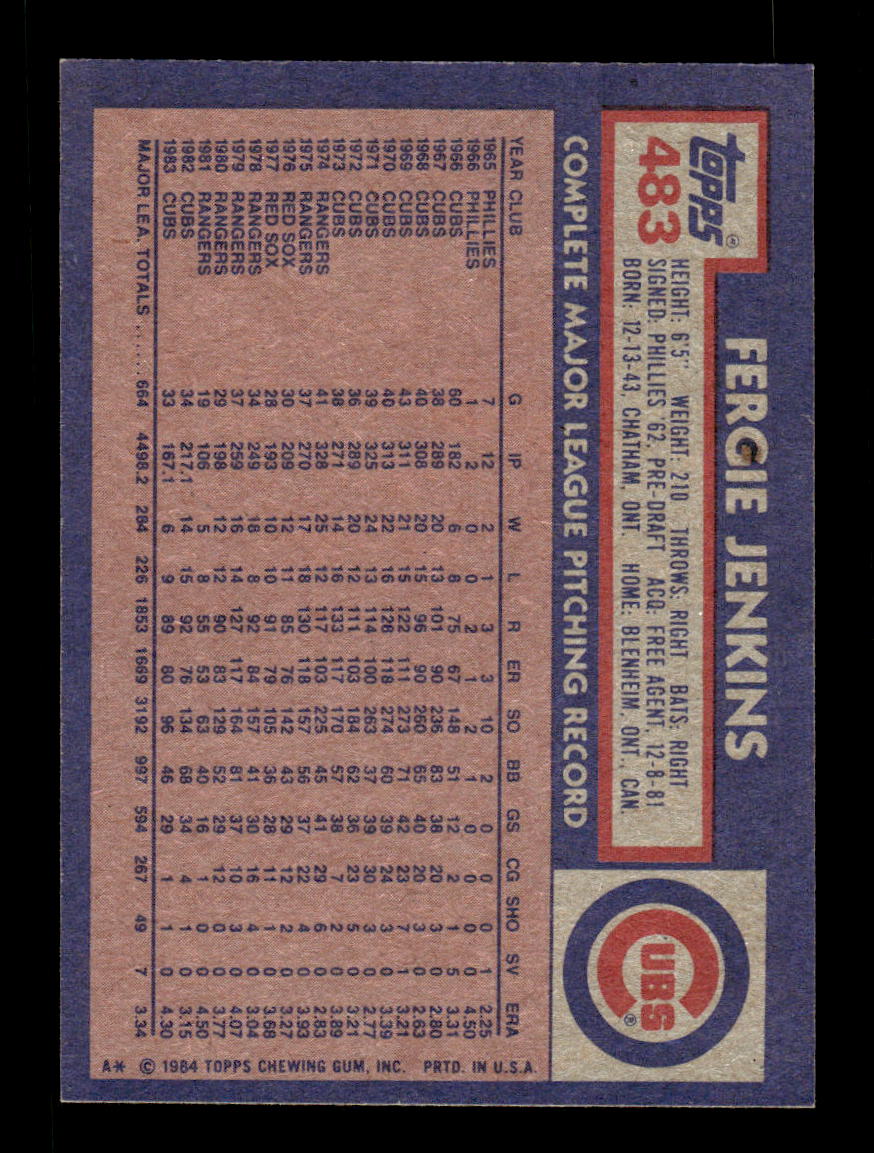 1984 Topps #483 Fergie Jenkins Chicago Cubs VG CS26016868