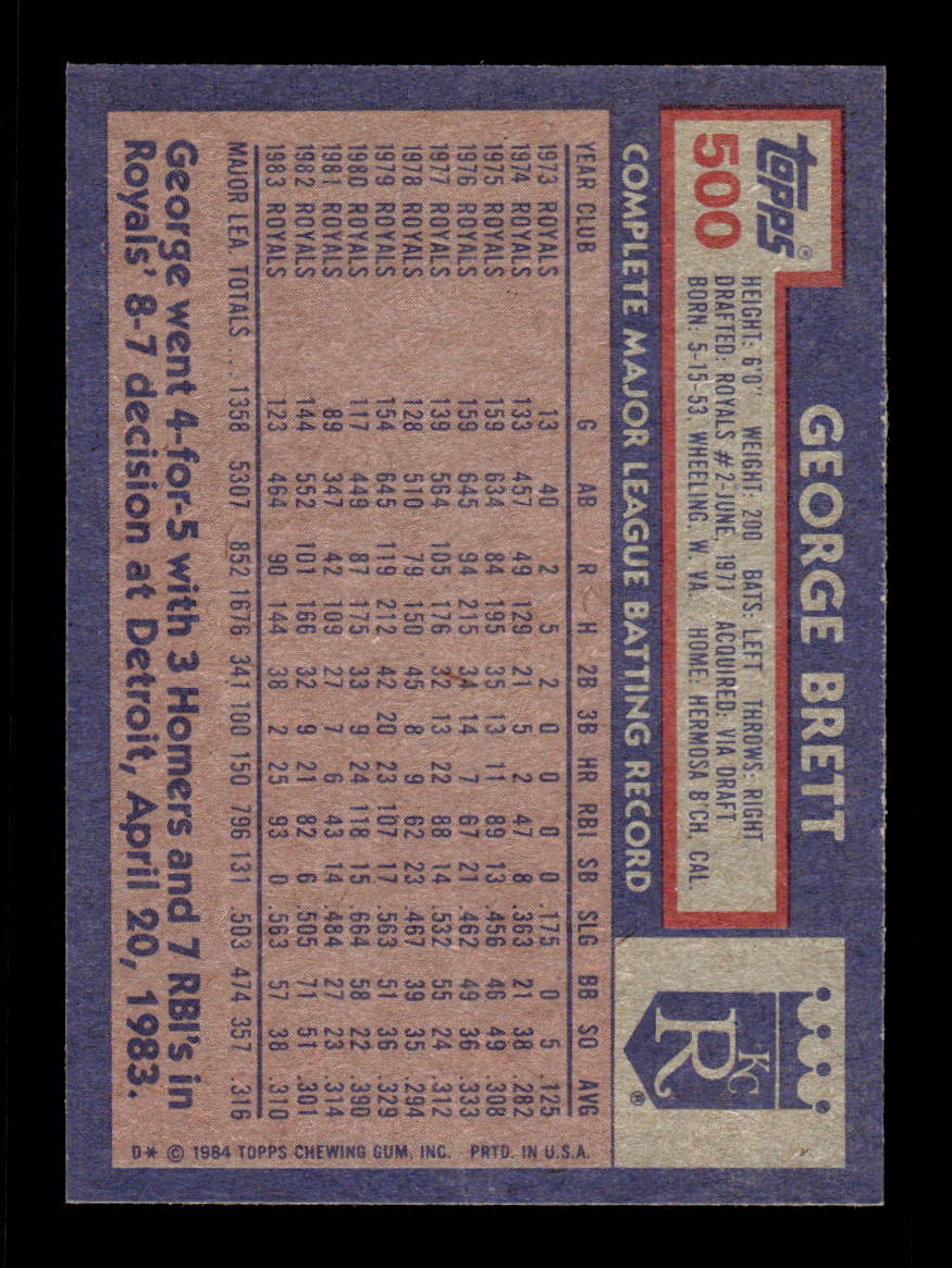 1984 Topps #500 George Brett Kansas City Royals VG CS26016876