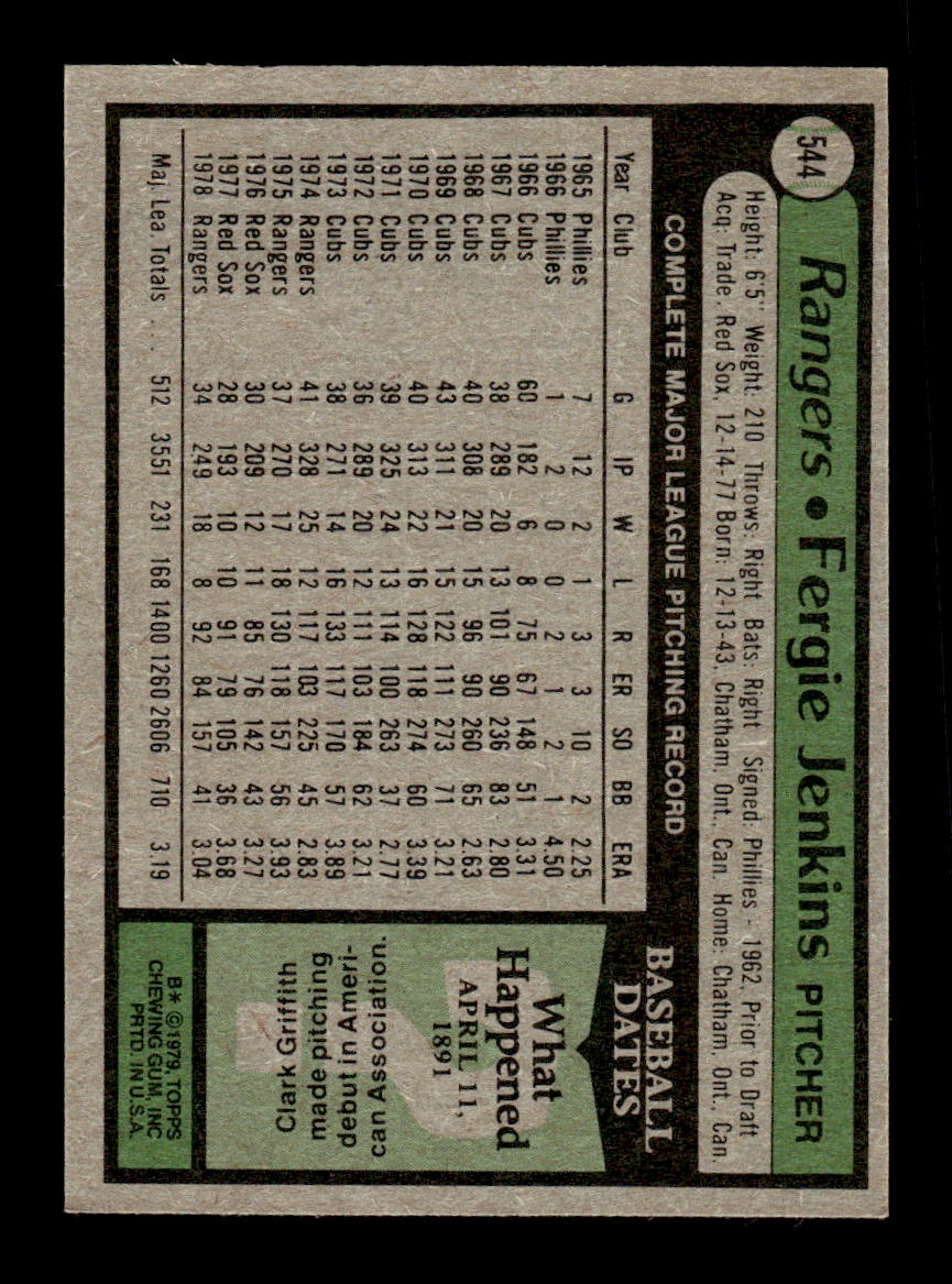 1979 Topps #544 Fergie Jenkins Texas Rangers VG CS26016892