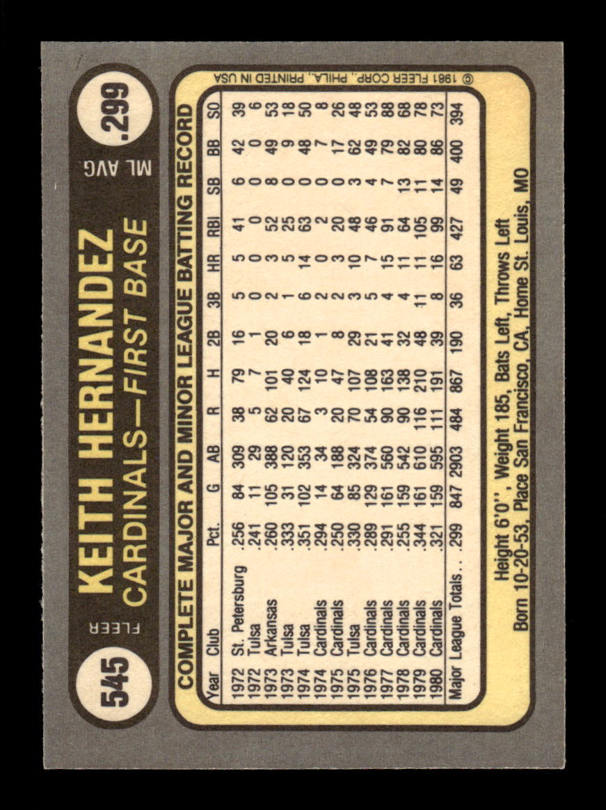 1981 Fleer #545 Keith Hernandez St. Louis Cardinals VG CS26016907