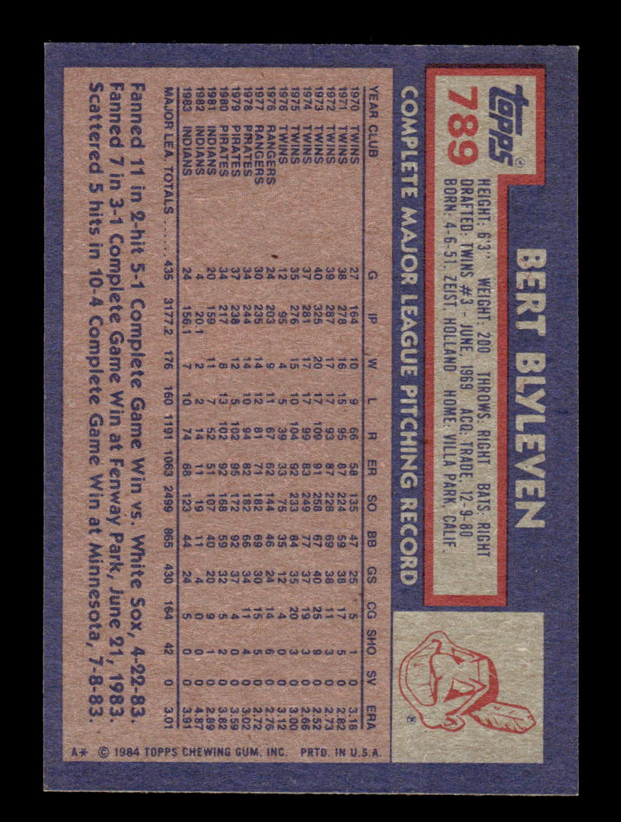 1984 Topps #789 Bert Blyleven Cleveland Indians VG CS26016923