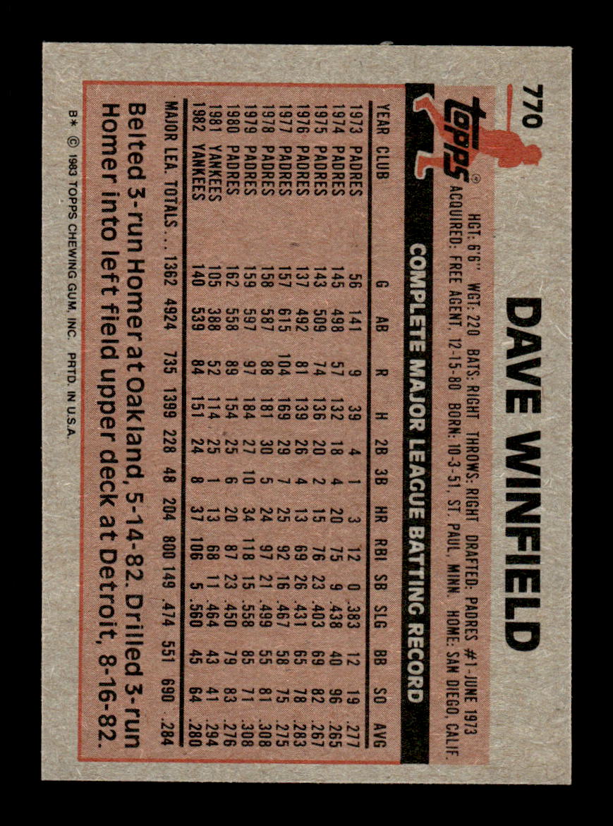 1983 Topps #770 Dave Winfield New York Yankees VG CS26016924