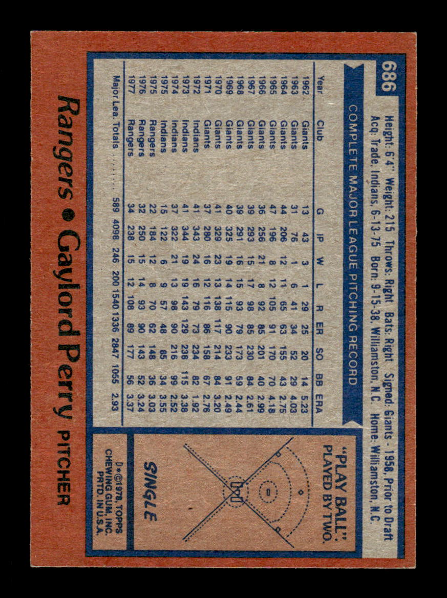 1978 Topps #686 Gaylord Perry Texas Rangers VG CS26016935