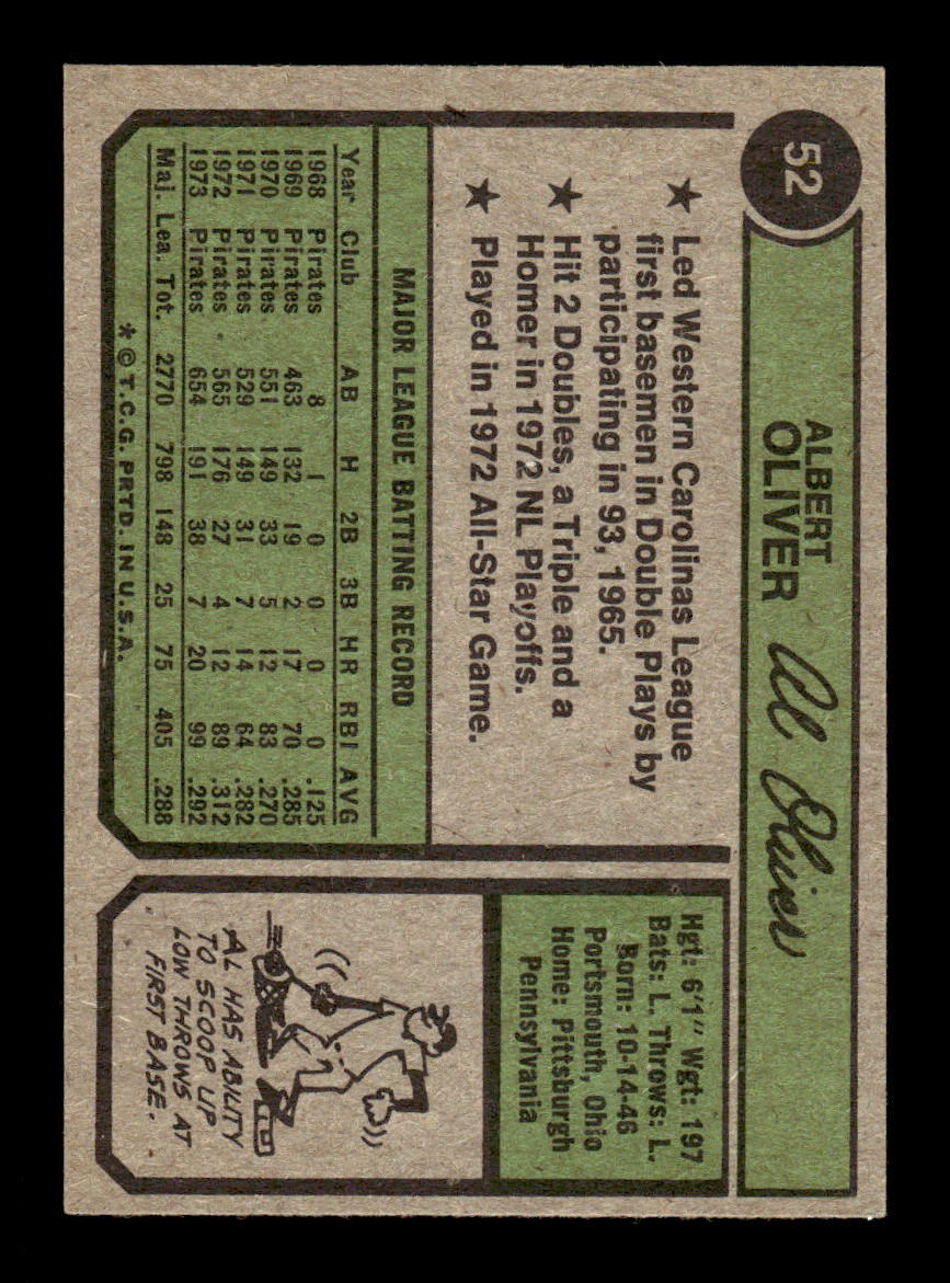 1974 Topps #52 Al Oliver Pittsburgh Pirates EX CS26016946