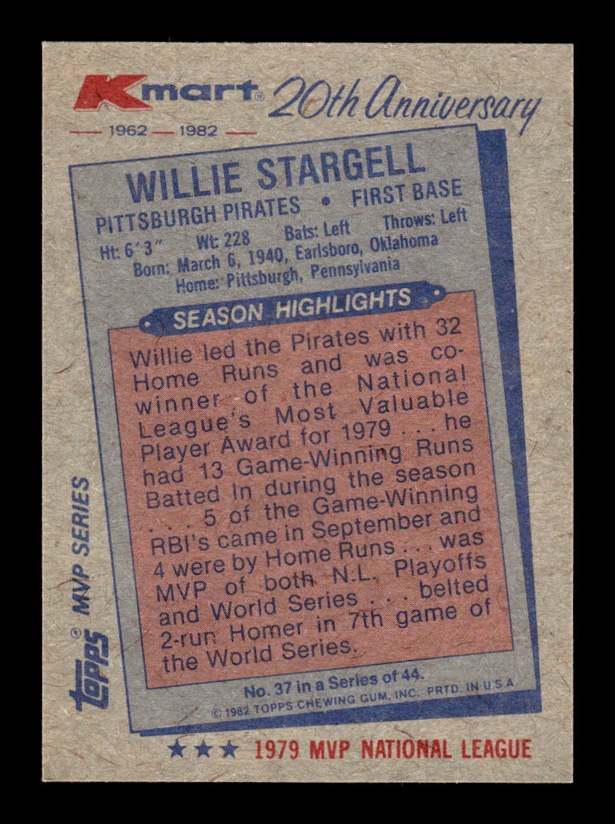 1982 Topps Kmart 20th Anniversary #37 Willie Stargell EX CS26016956