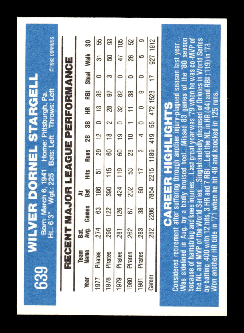 1982 Donruss #639 Willie Stargell Pittsburgh Pirates EX CS26016967