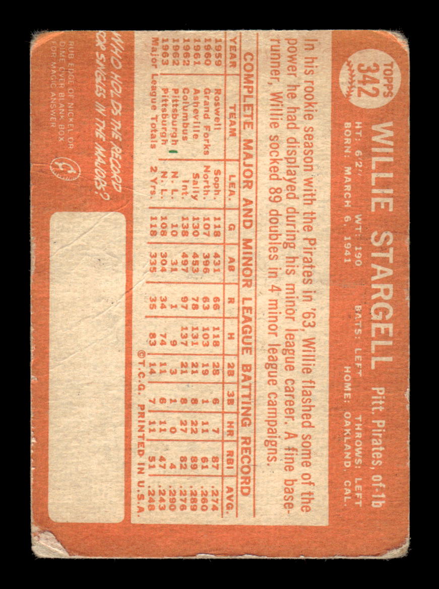 1964 Topps #342 Willie Stargell Pittsburgh Pirates Poor CS26016969