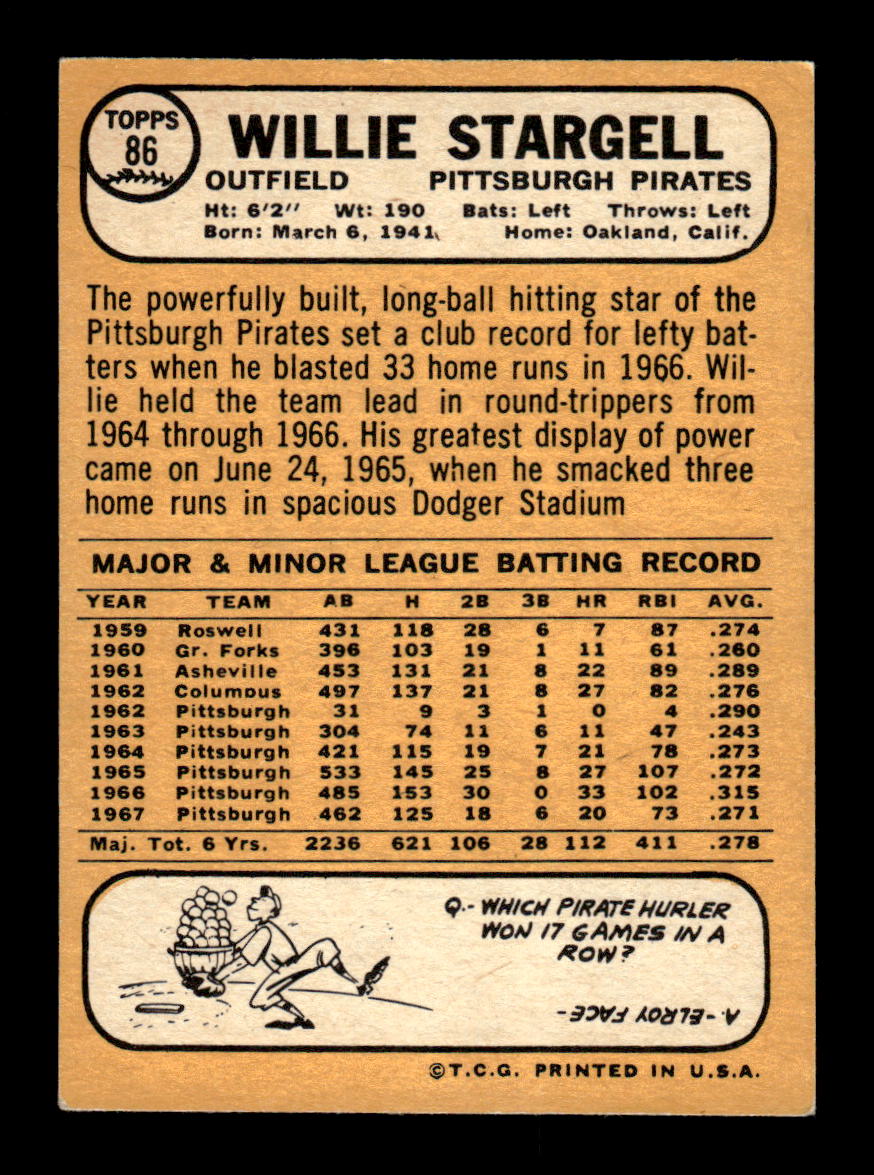 1968 Topps #86 Willie Stargell Pittsburgh Pirates EX CS26016971